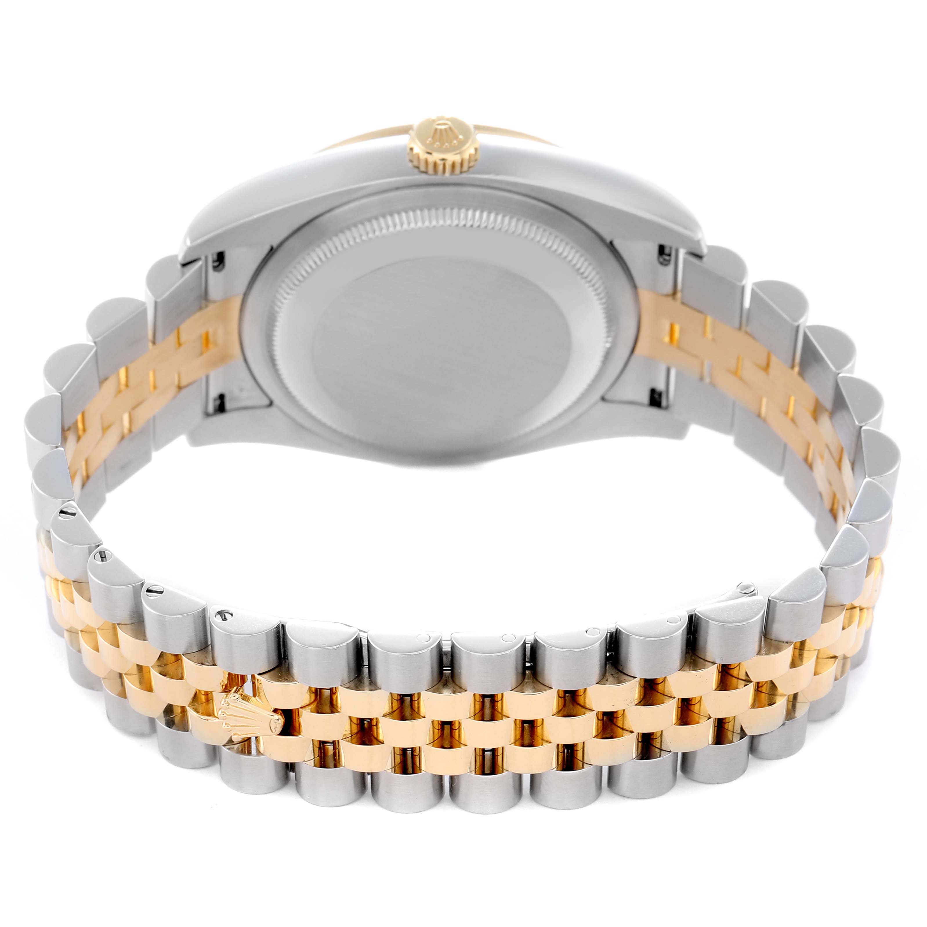 The image shows the back of a Rolex Datejust model 116243 men's watch, featuring a view of the case back and two-tone bracelet.