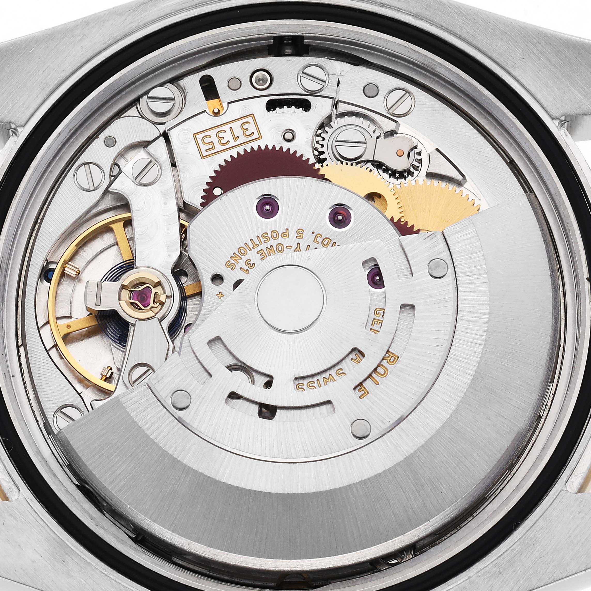 This image shows the internal movement of a Rolex Datejust model 116243 men's watch, featuring gears, the rotor, and balance wheel viewed from the back.