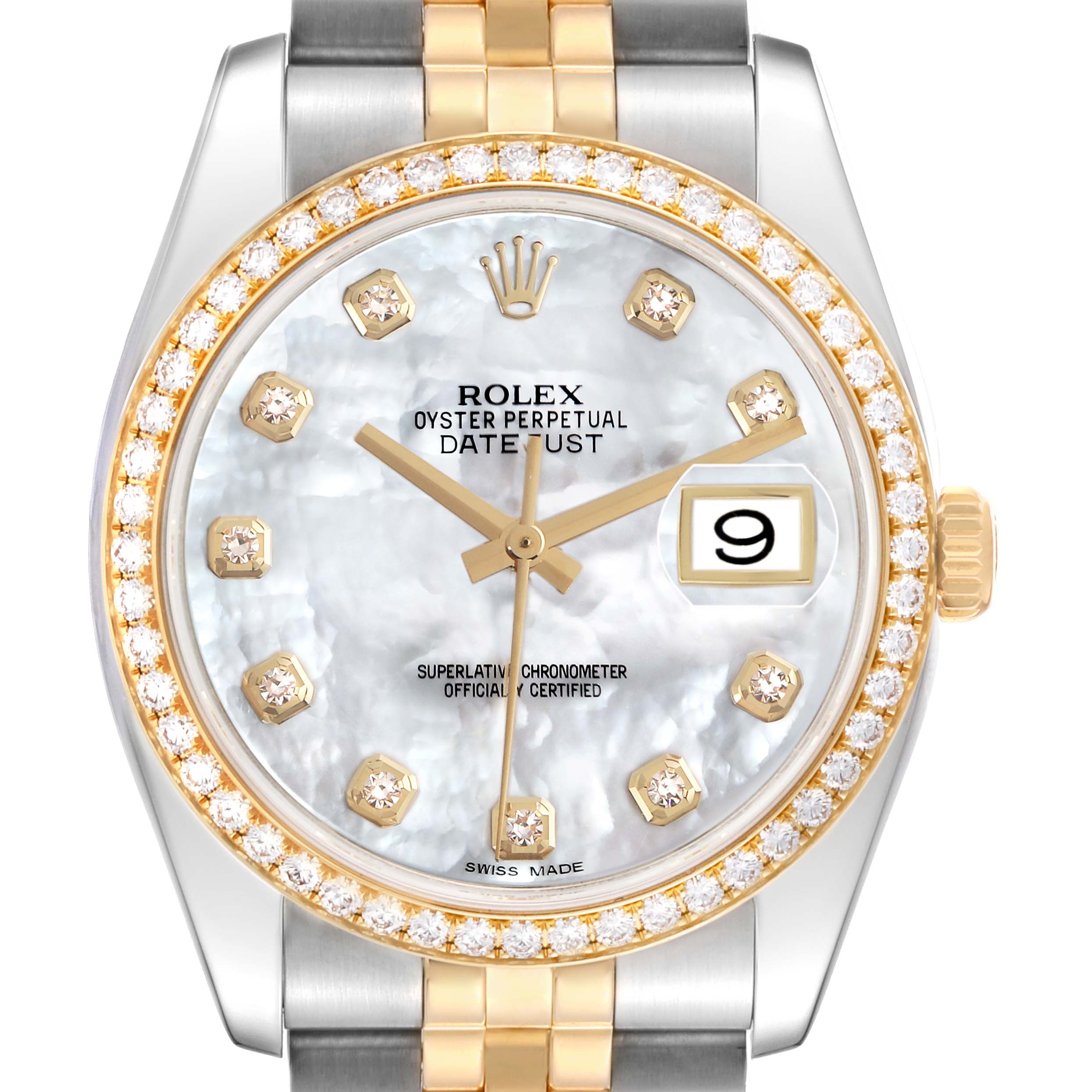 The Rolex Datejust model 116243 is shown from a front angle, highlighting its mother-of-pearl dial, diamond hour markers, and the gold bezel.