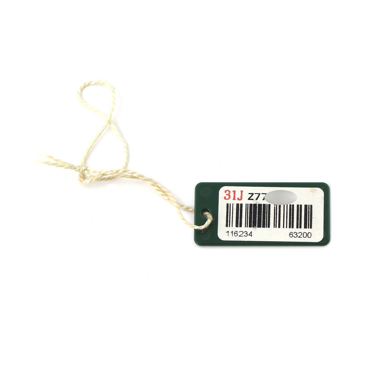 The image shows a green tag with a barcode and model number for the Rolex Datejust 116234 men's watch.
