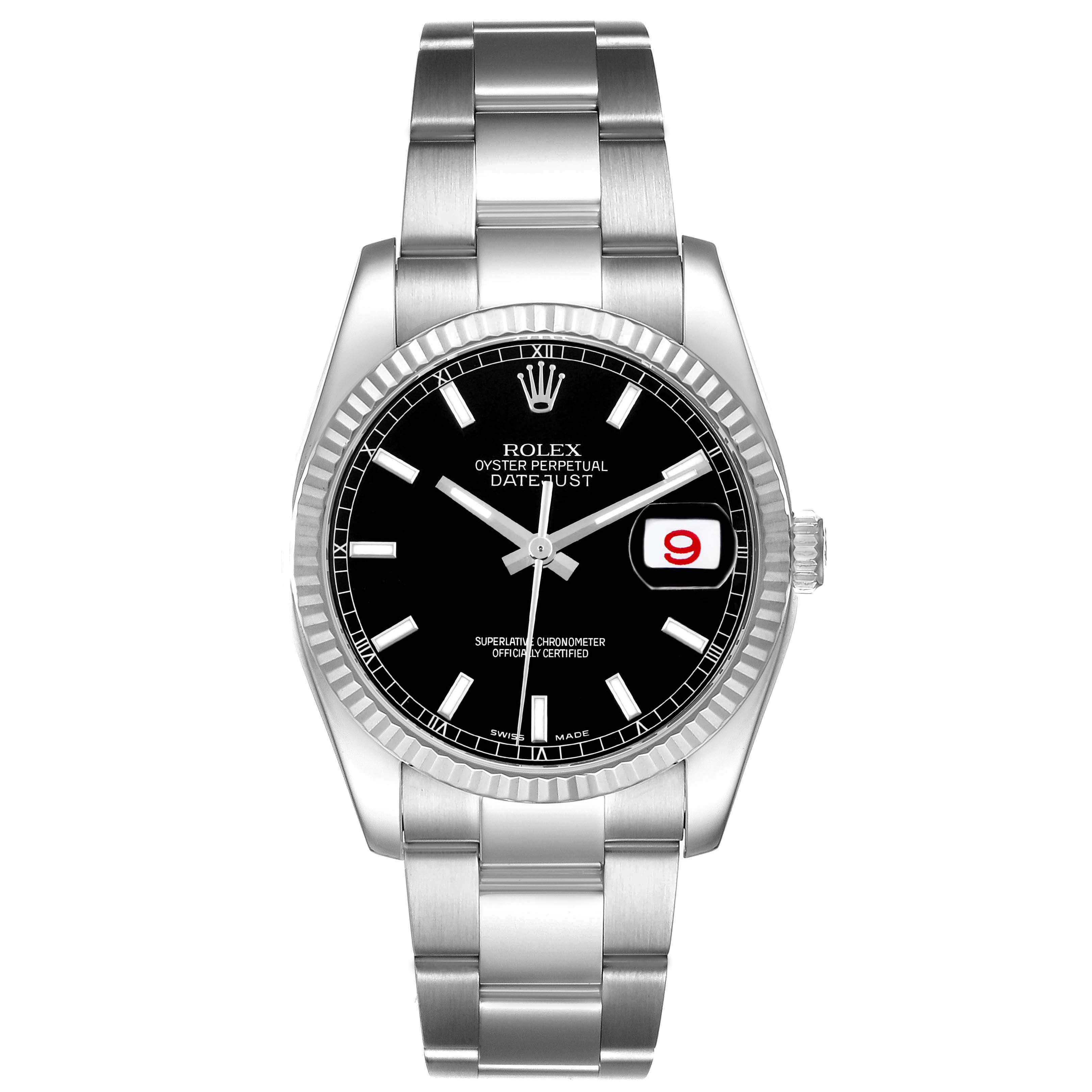 The Rolex Datejust 116234 Men's Stainless Steel Black Dial watch is shown from a front angle featuring the black dial, fluted bezel, bracelet, and date window.