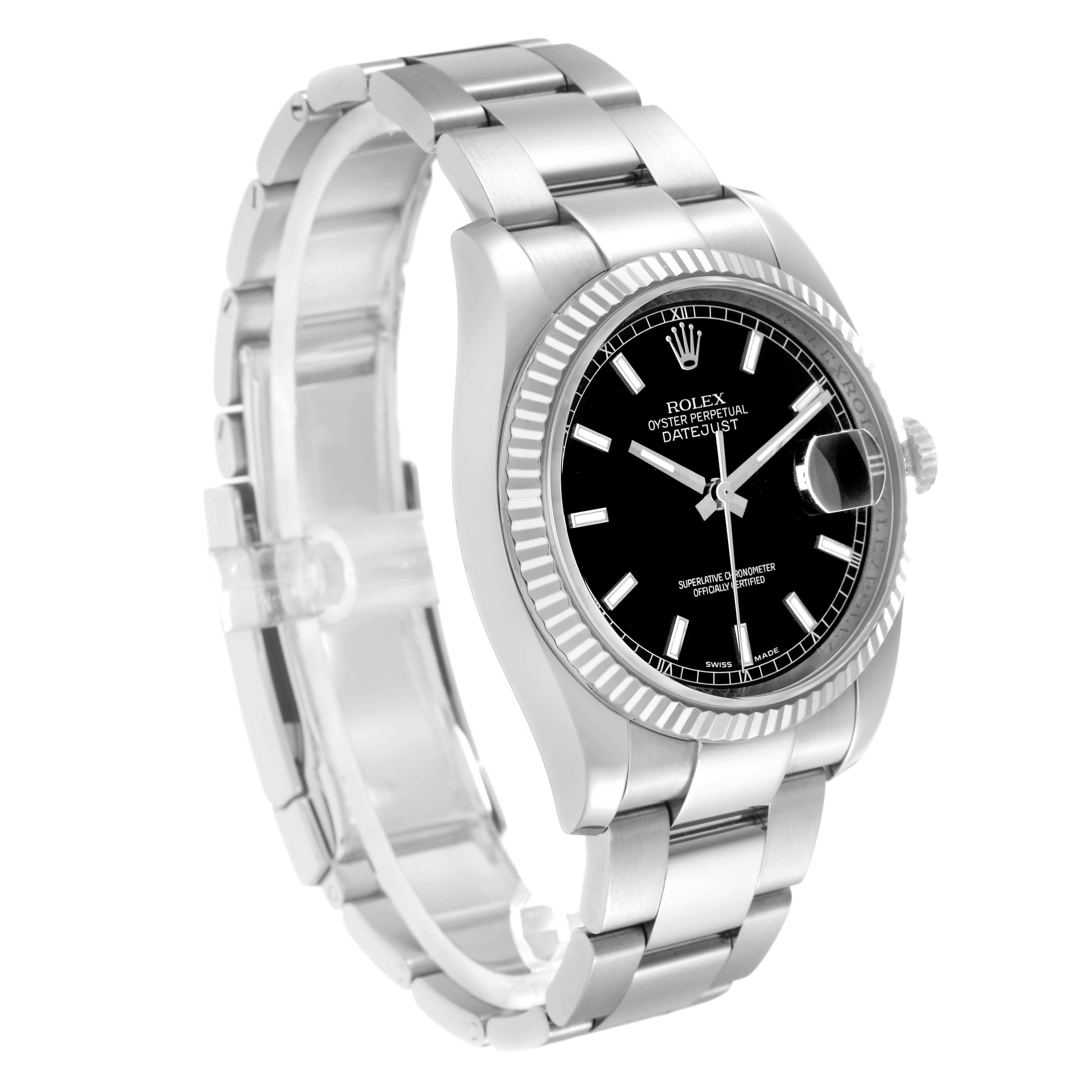 This image shows a Rolex Datejust model 116234 men's watch at a slightly angled side view, displaying the case, bezel, dial, and part of the bracelet.
