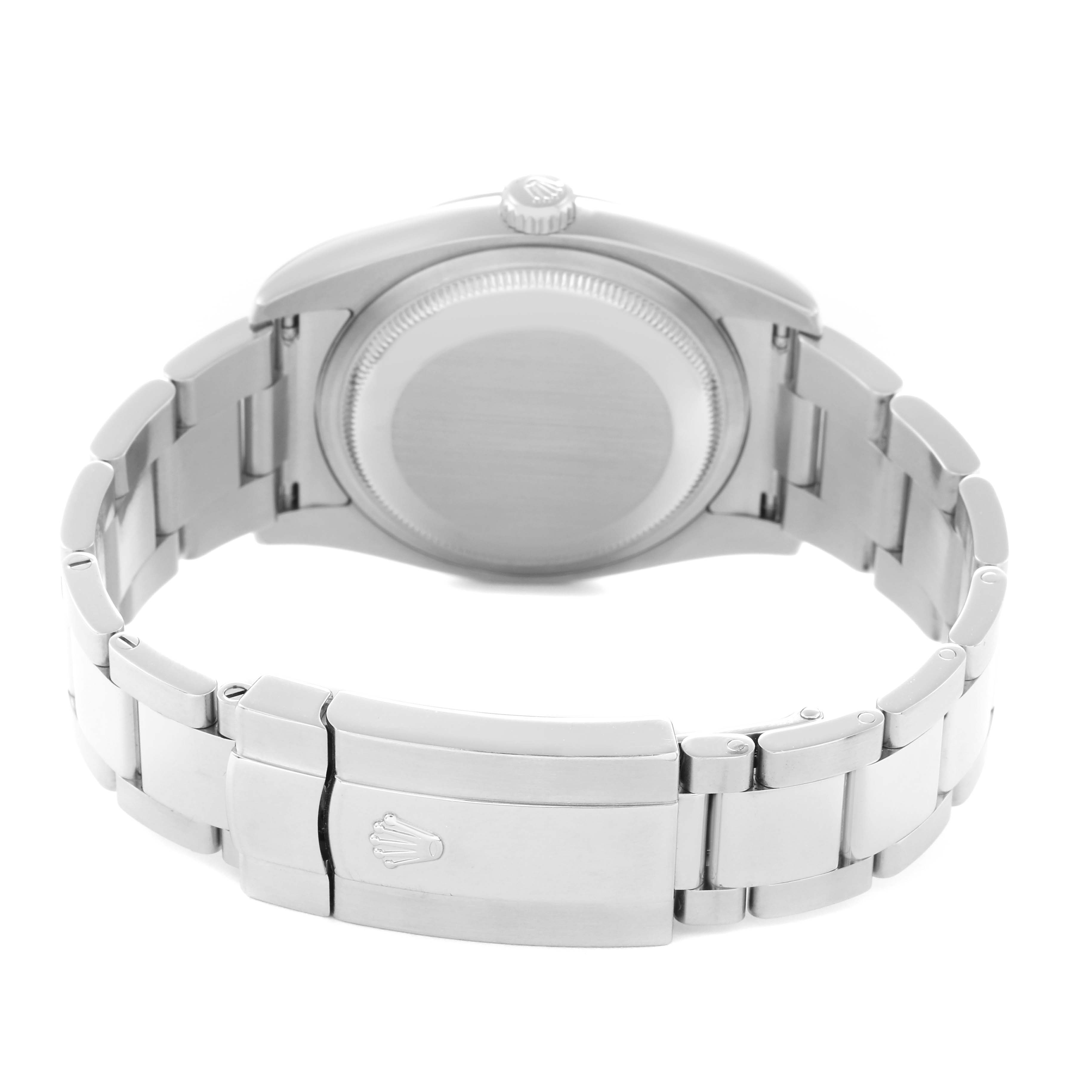 The image shows the back view of a Rolex Datejust model 116234 men's watch, focusing on the case back and clasp of the bracelet.