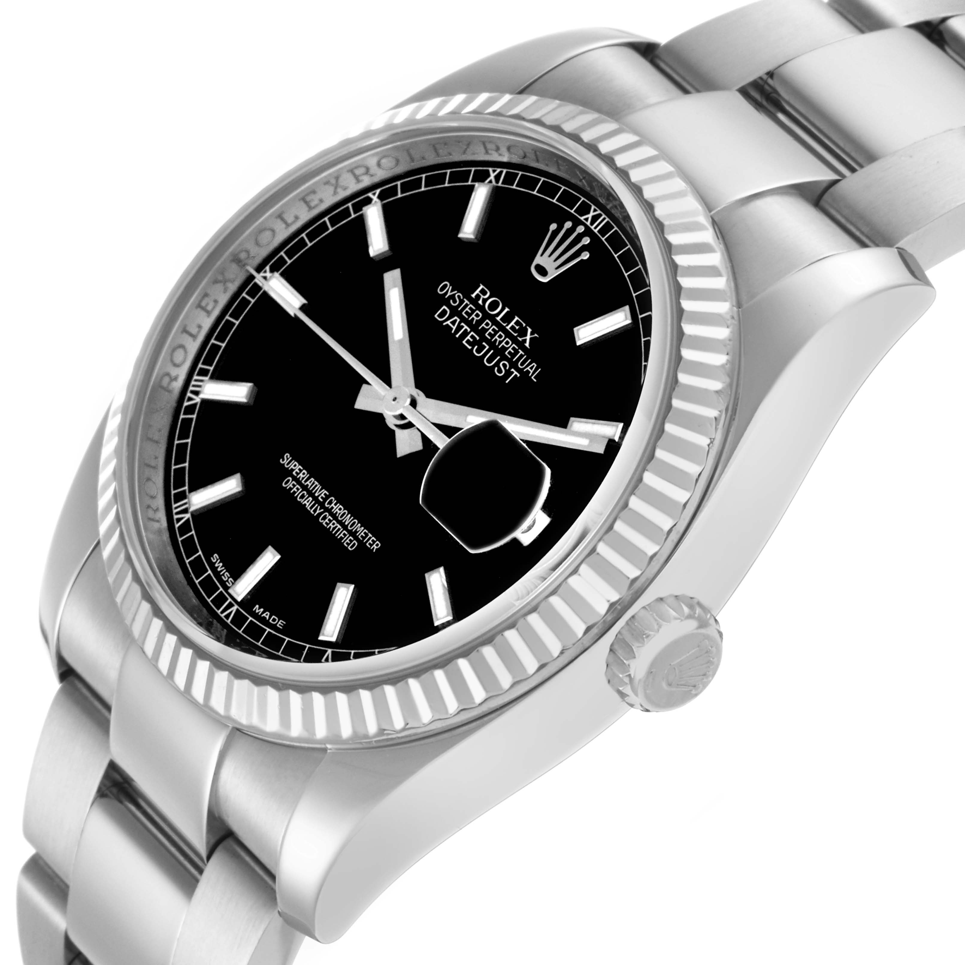 The image shows a Rolex Datejust model 116234 men's watch from a side angle, highlighting the dial, fluted bezel, crown, and part of the bracelet.