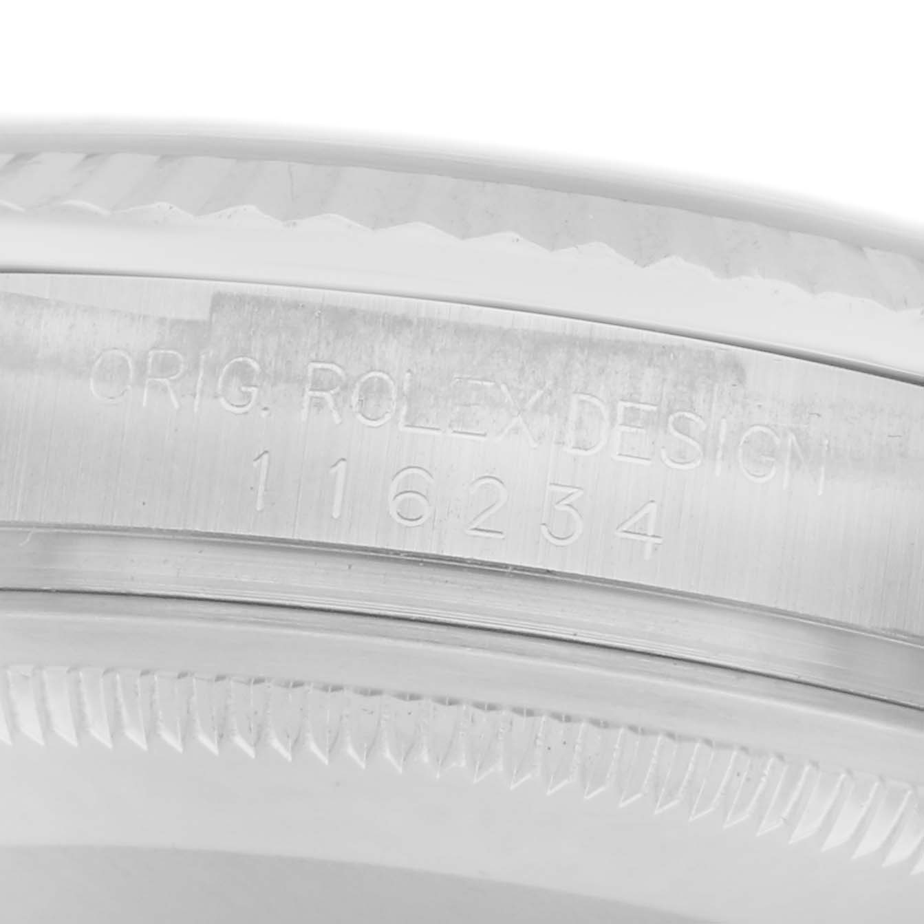 The image shows a close-up of the case side of the Rolex Datejust model 116234, displaying the "ORIG. ROLEX DESIGN" engraving and model number.