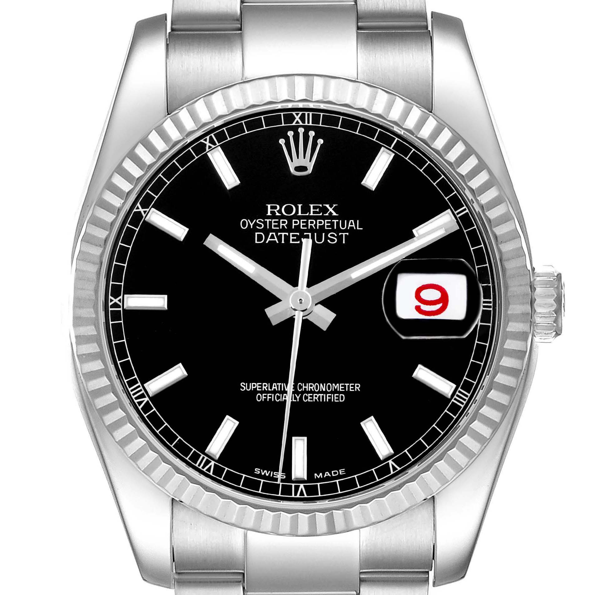 The image shows a front view of the Rolex Datejust 116234 Men's Stainless Steel Black Dial, highlighting the black dial, fluted bezel, and the date window with cyclops lens.