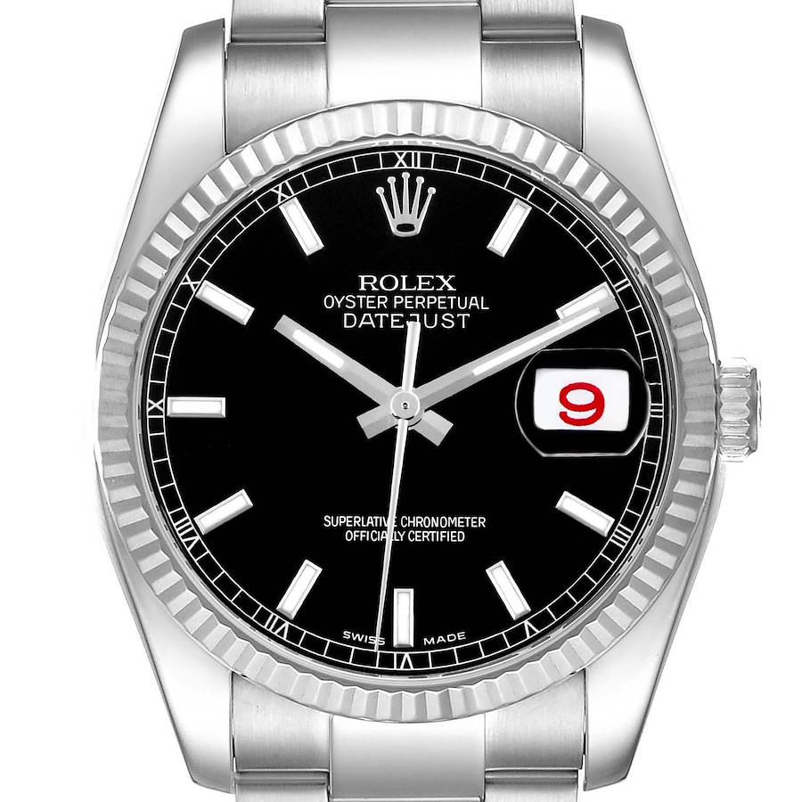 The image shows a front view of the Rolex Datejust 116234 Men's Stainless Steel Black Dial, highlighting the black dial, fluted bezel, and the date window with cyclops lens.