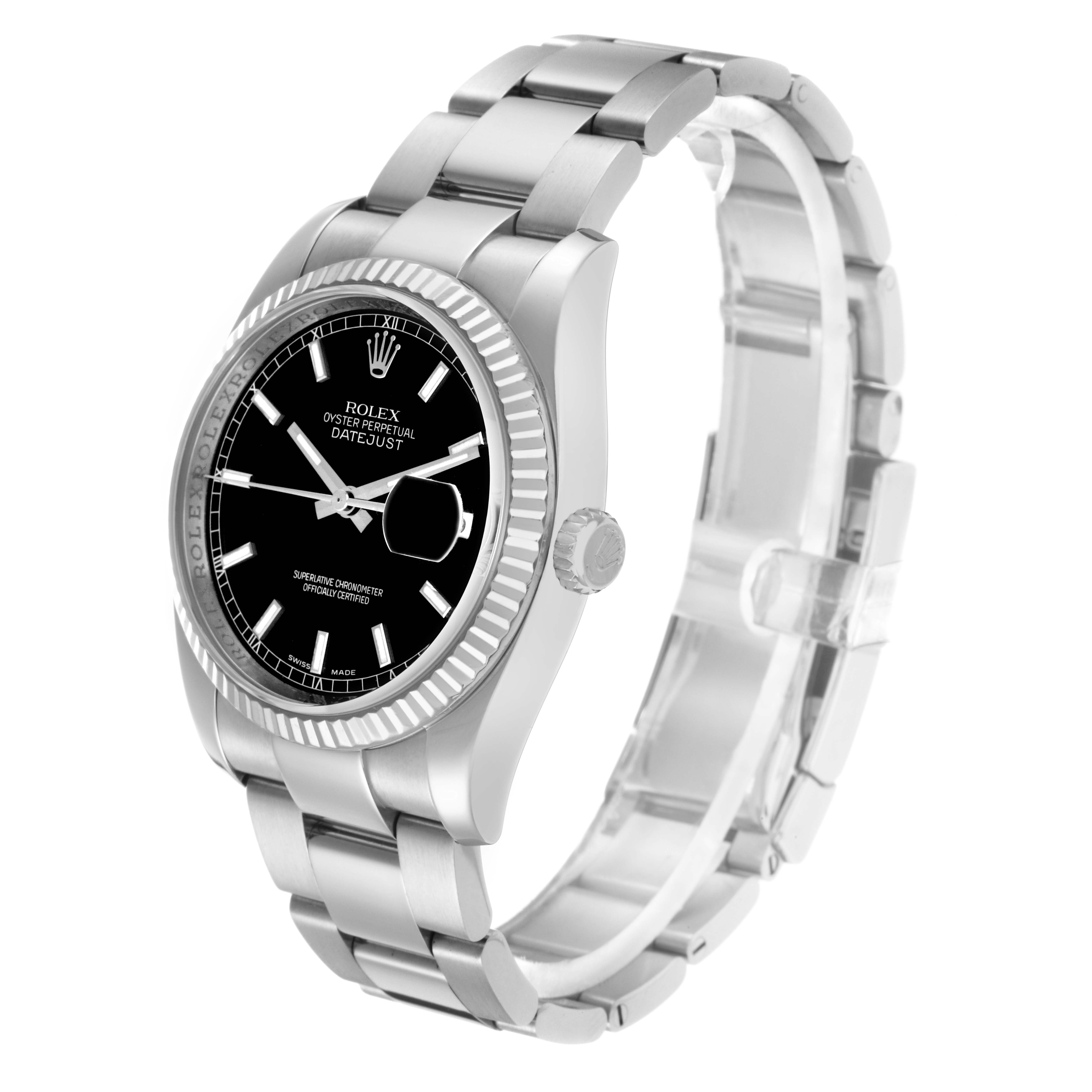 The Rolex Datejust model 116234 men's watch is shown from a three-quarter angle, displaying the black dial, fluted bezel, and Oyster bracelet.