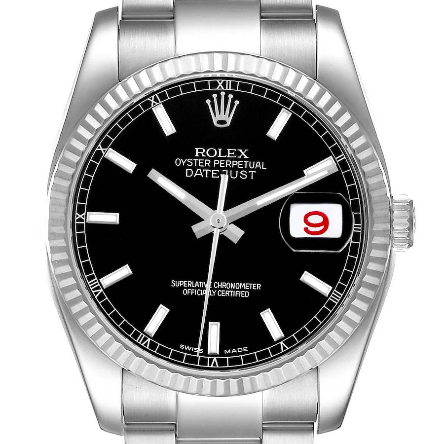 The image shows a frontal view of the Rolex Datejust model 116234, highlighting its black dial, fluted bezel, and oyster bracelet.