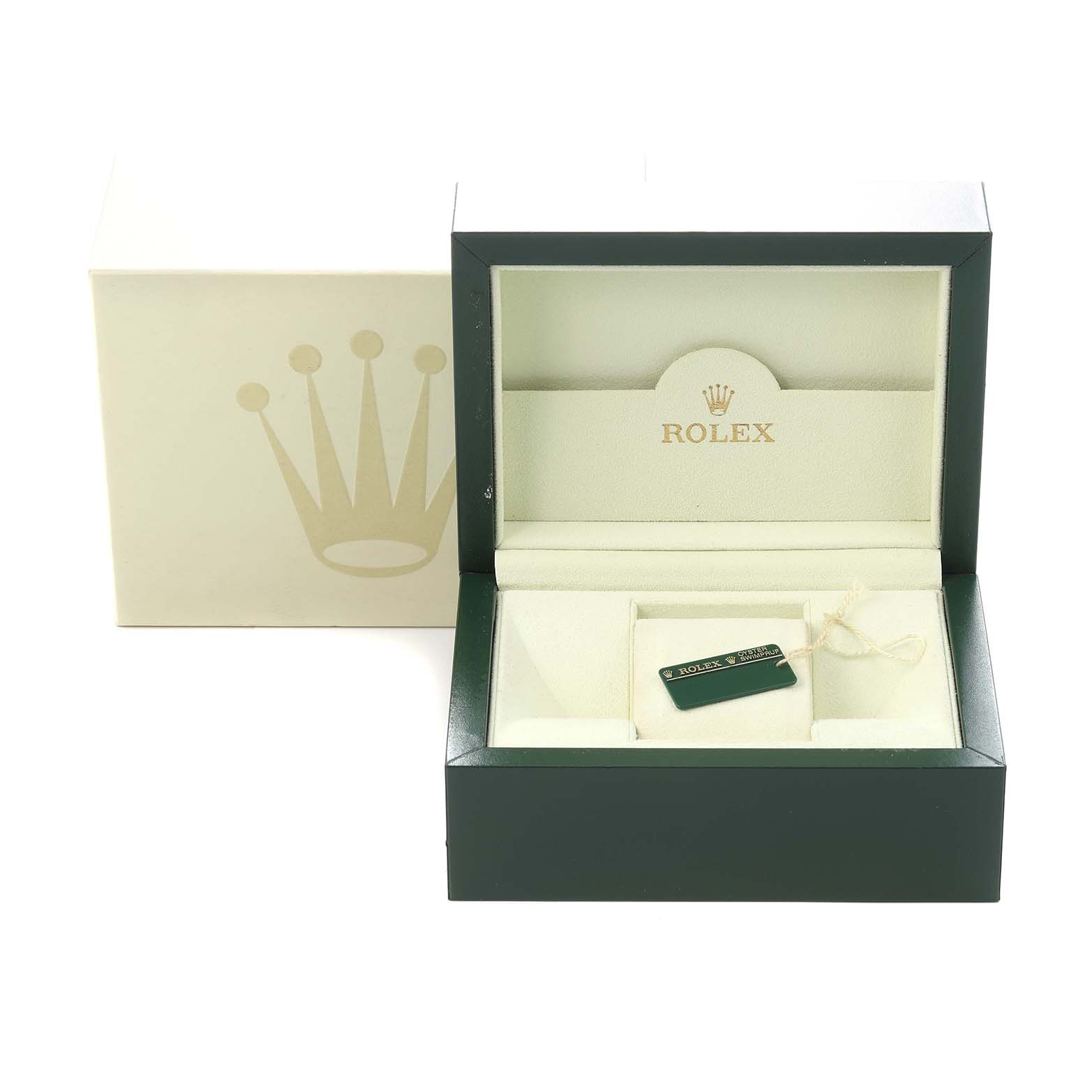 The image shows an open Rolex box for the Datejust model 116234 men's watch, displaying a watch tag inside.