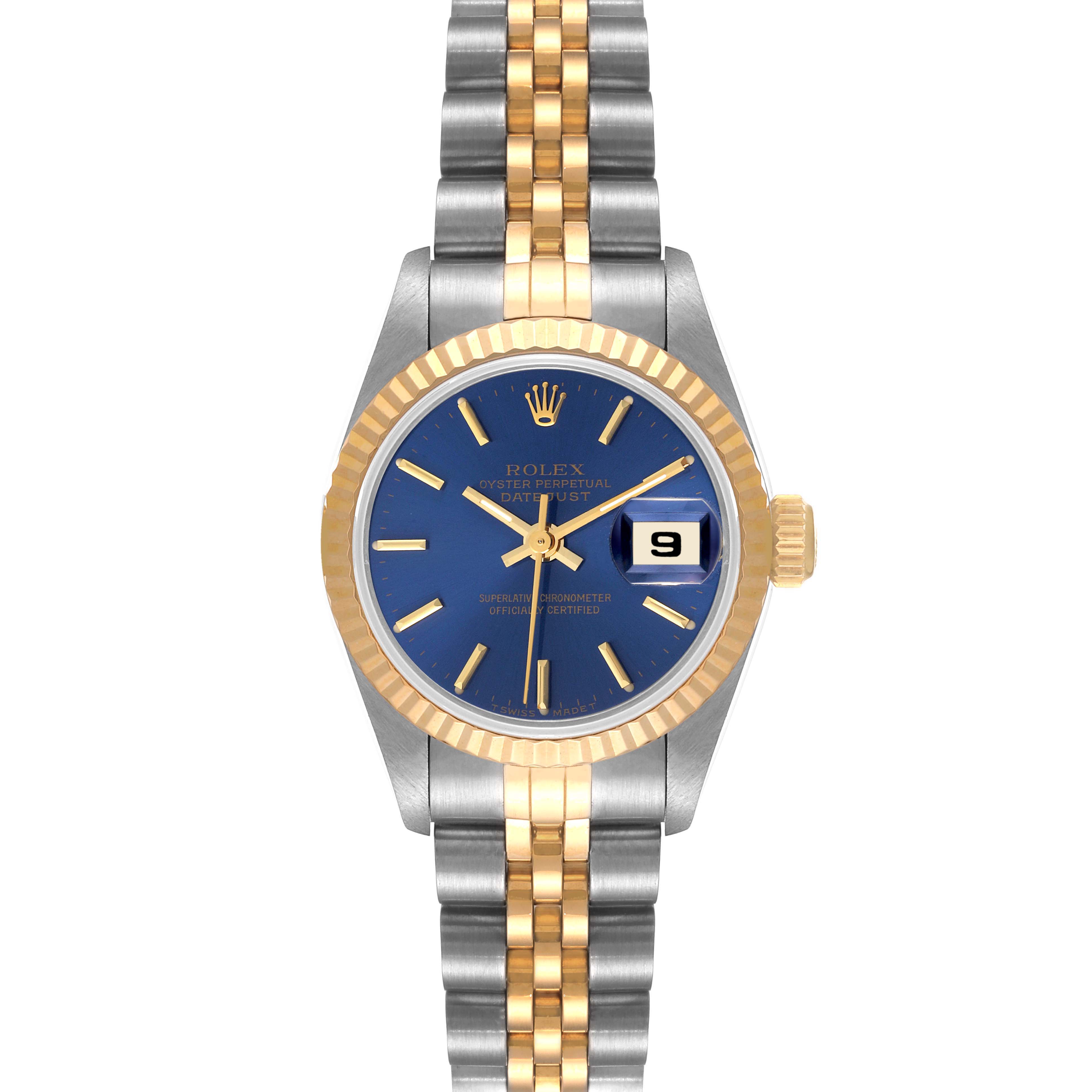 The Rolex Datejust 69173 Women's Steel and Gold (two tone) Blue Dial 69173 Women's Steel and Gold (two tone) Blue Dial model is shown from a front angle, displaying its blue dial, gold-tone bezel, and two-tone bracelet.