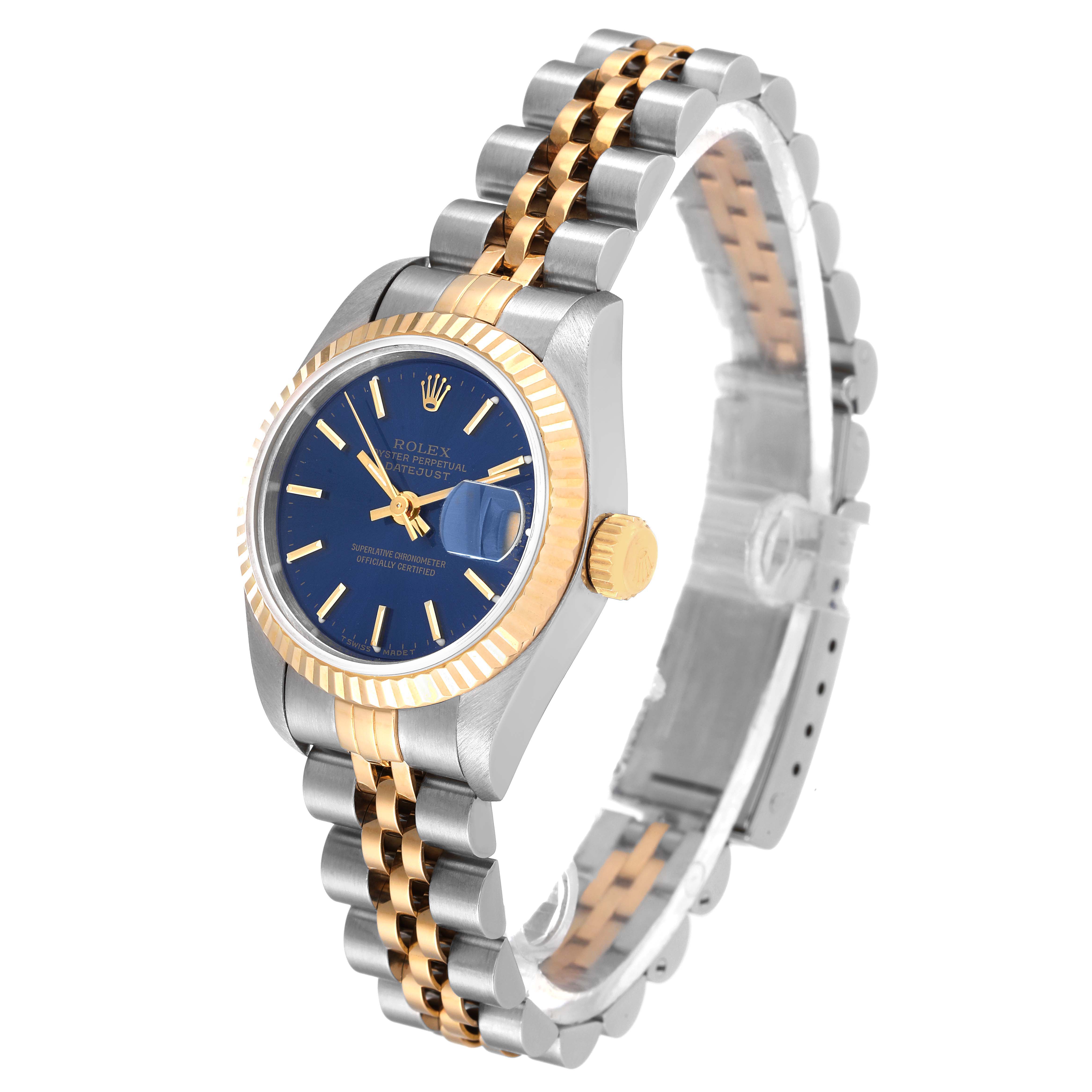 The image shows a Rolex Datejust 69173 Women's Steel and Gold (two tone) Blue Dial 69173 Women's Steel and Gold (two tone) Blue Dial watch at a slight angle, highlighting its blue dial, fluted bezel, two-tone bracelet, and crown.