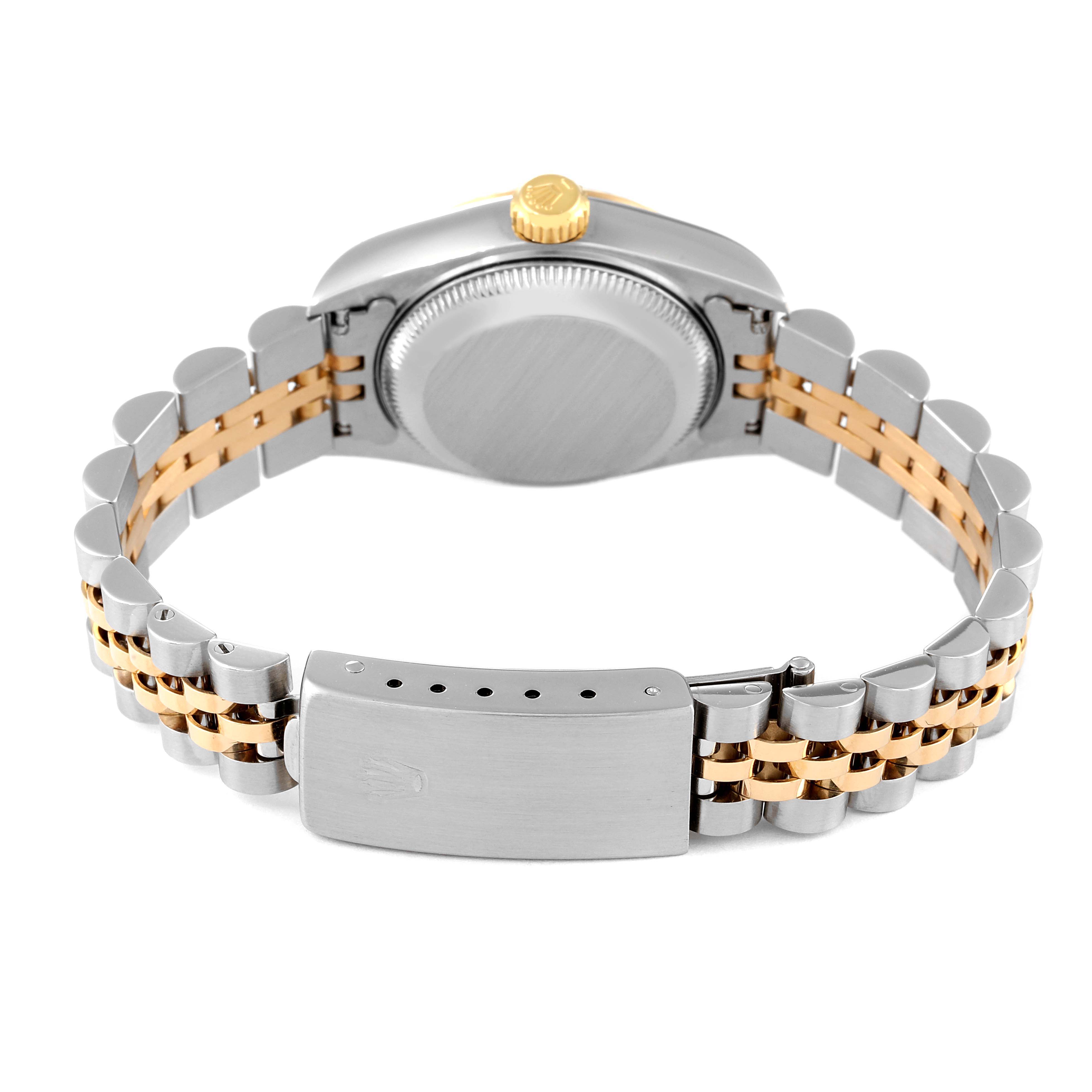 The image shows the backside and bracelet of a Rolex Datejust 69173 Women's Steel and Gold (two tone) Blue Dial 69173 Women's Steel and Gold (two tone) Blue Dial watch, highlighting the clasp and case back.
