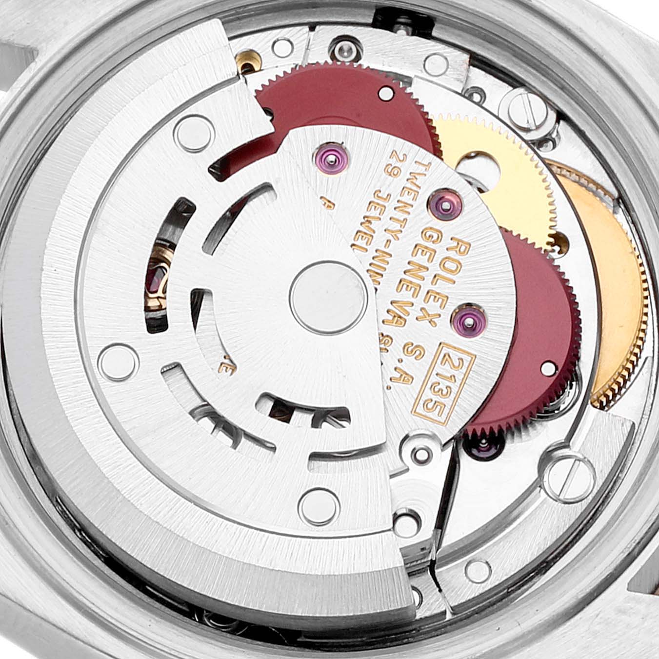 This image shows a close-up of the internal mechanism of a Rolex Datejust 69173 Women's Steel and Gold (two tone) Blue Dial 69173 Women's Steel and Gold (two tone) Blue Dial watch.