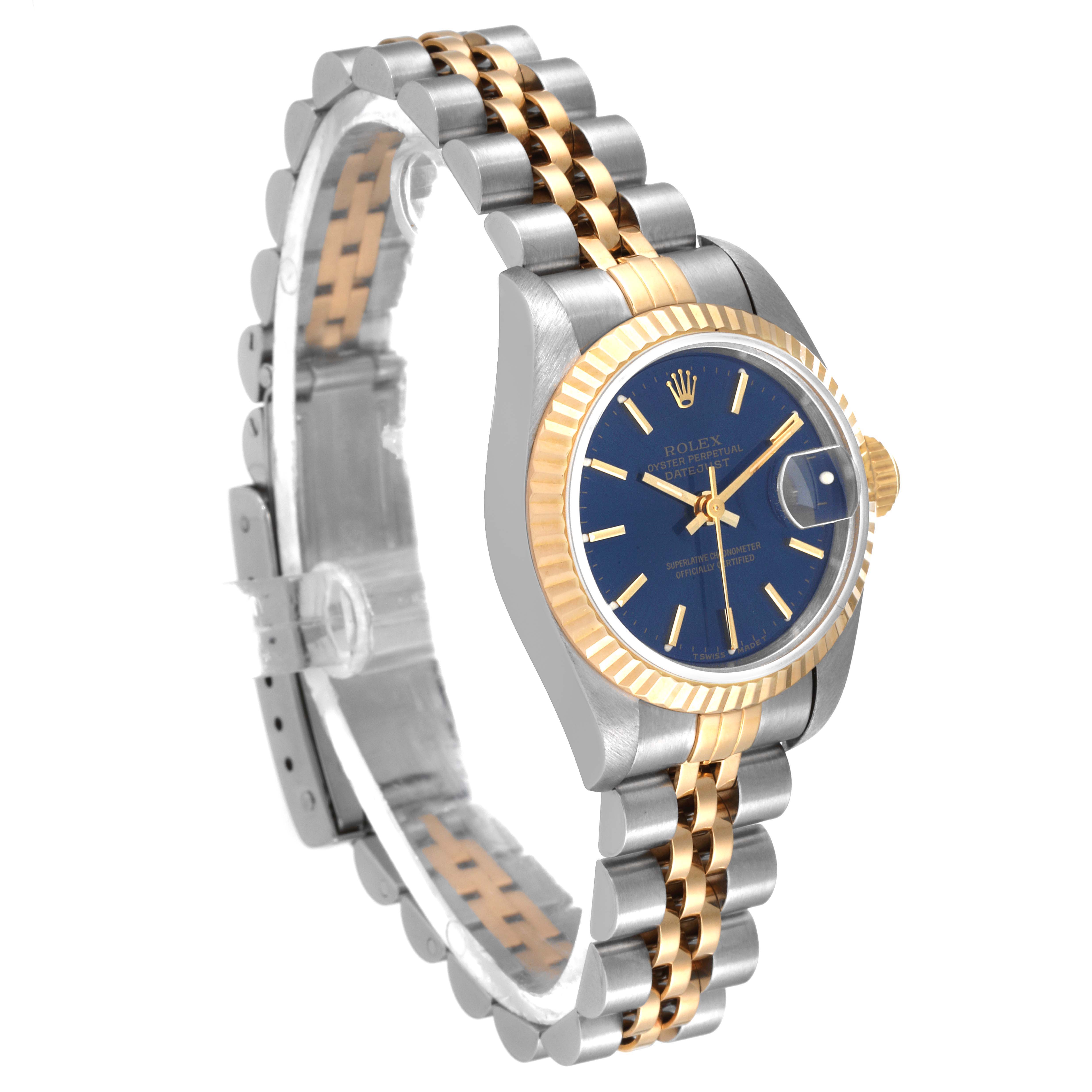 The Rolex Datejust 69173 Women's Steel and Gold (two tone) Blue Dial 69173 Women's Steel and Gold (two tone) Blue Dial watch is shown at a slight angle, displaying the face, bezel, and part of the two-tone bracelet.