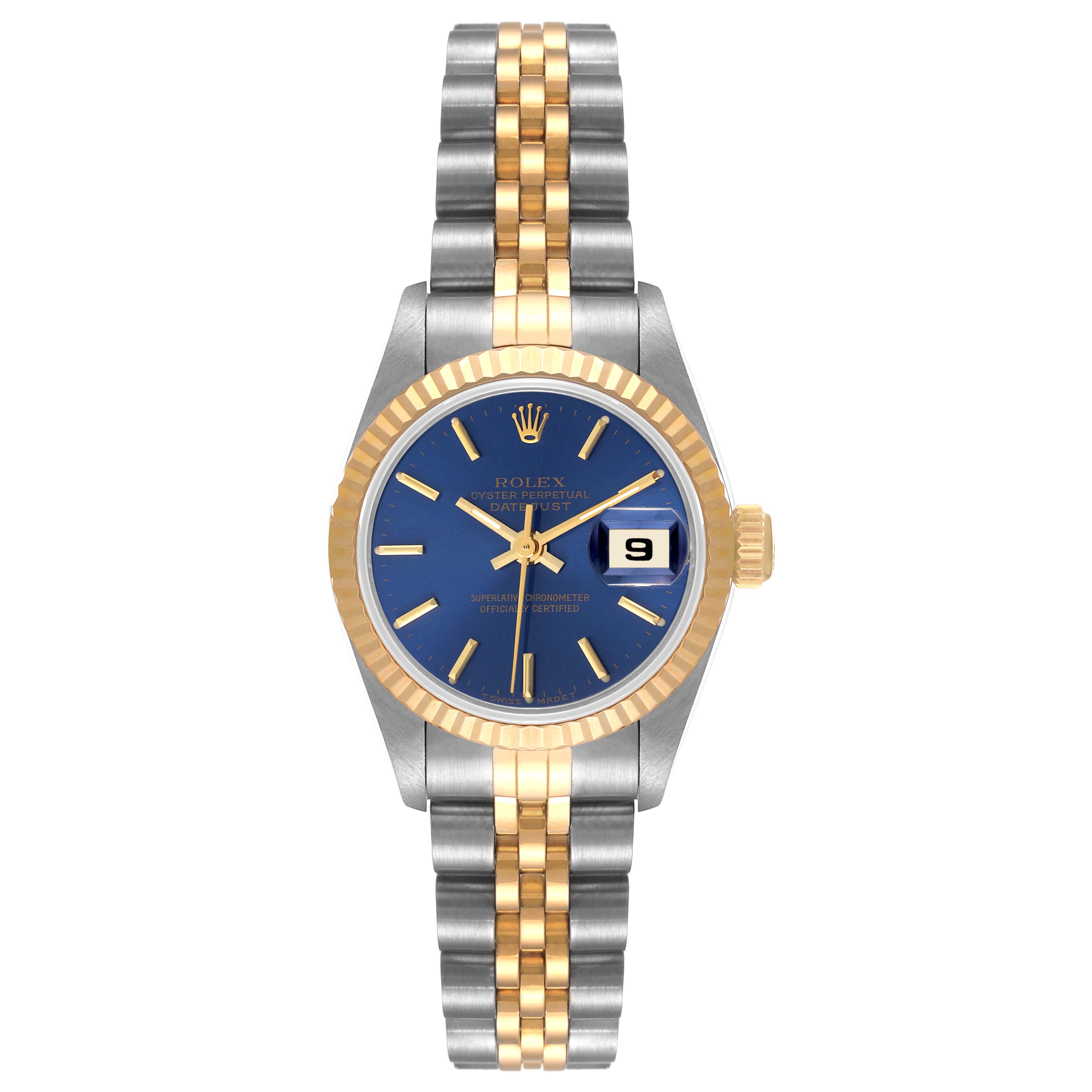 This image shows a Rolex Datejust 69173 Women's Steel and Gold (two tone) Blue Dial 69173 Women's Steel and Gold (two tone) Blue Dial watch from a front view, displaying the face, bezel, and bracelet.