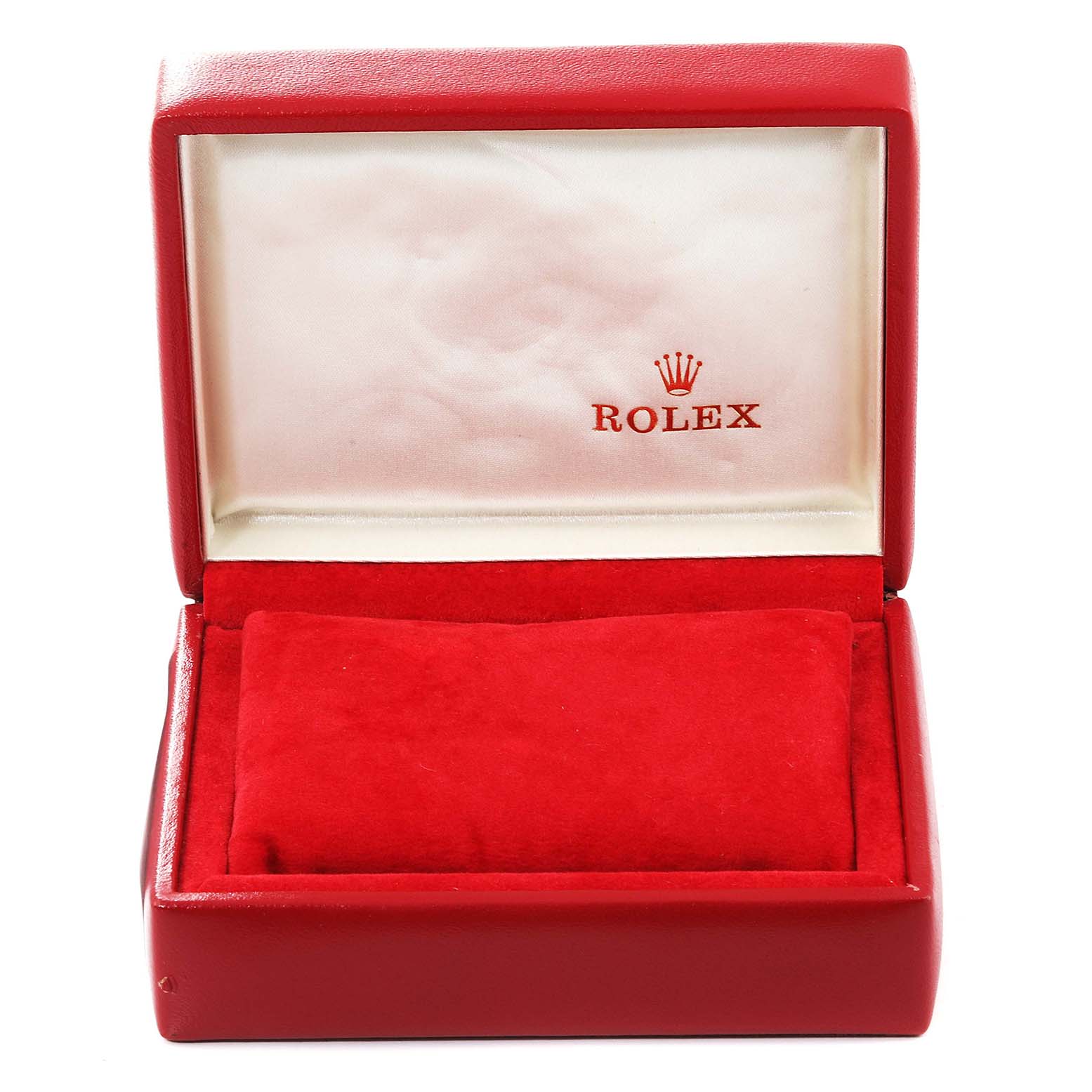 This image shows an empty red Rolex Datejust 69173 Women's Steel and Gold (two tone) Blue Dial 69173 Women's Steel and Gold (two tone) Blue Dial watch box with a soft interior.