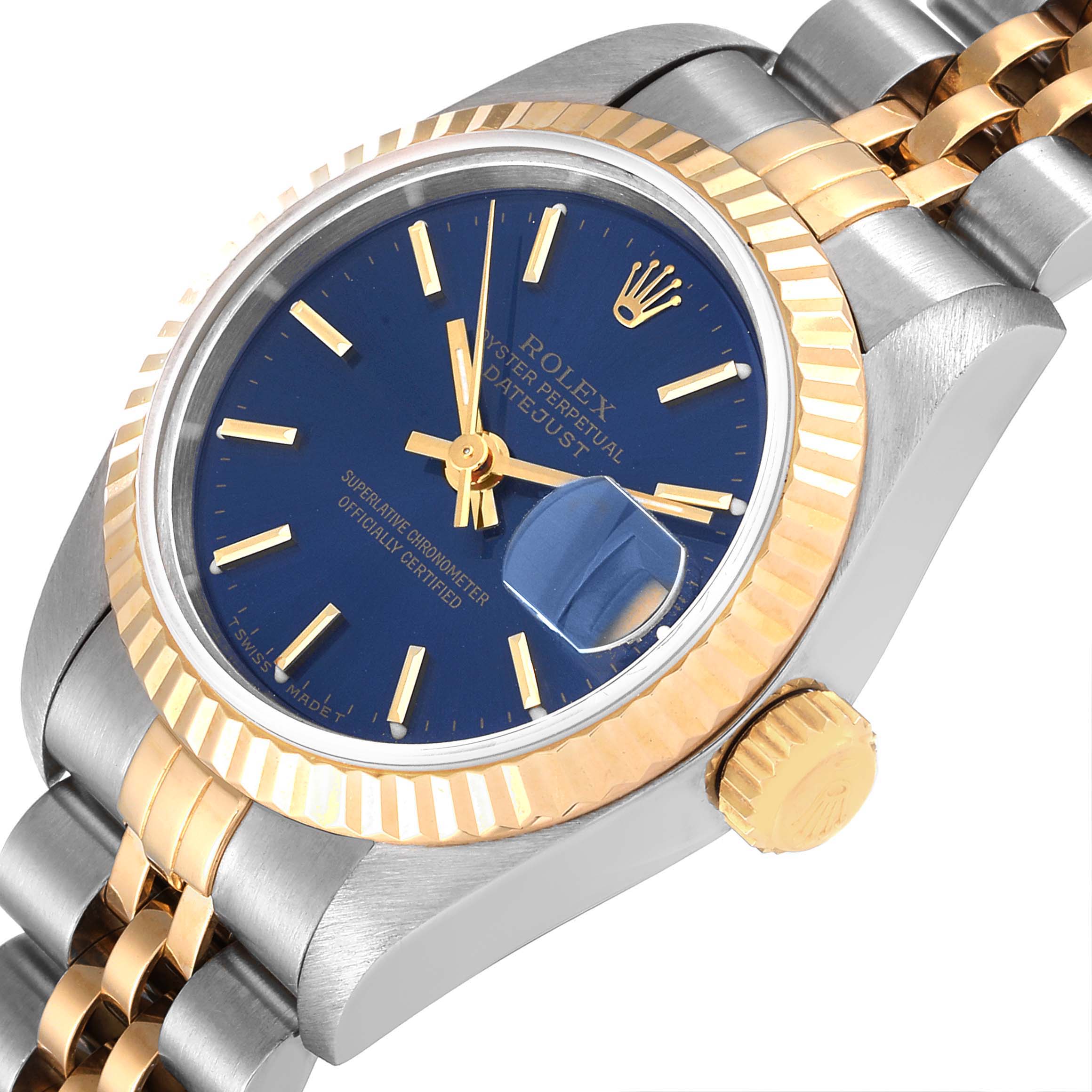 The image shows a Rolex Datejust 69173 Women's Steel and Gold (two tone) Blue Dial 69173 Women's Steel and Gold (two tone) Blue Dial watch from an oblique angle highlighting the crown, dial, bracelet, and part of the case.