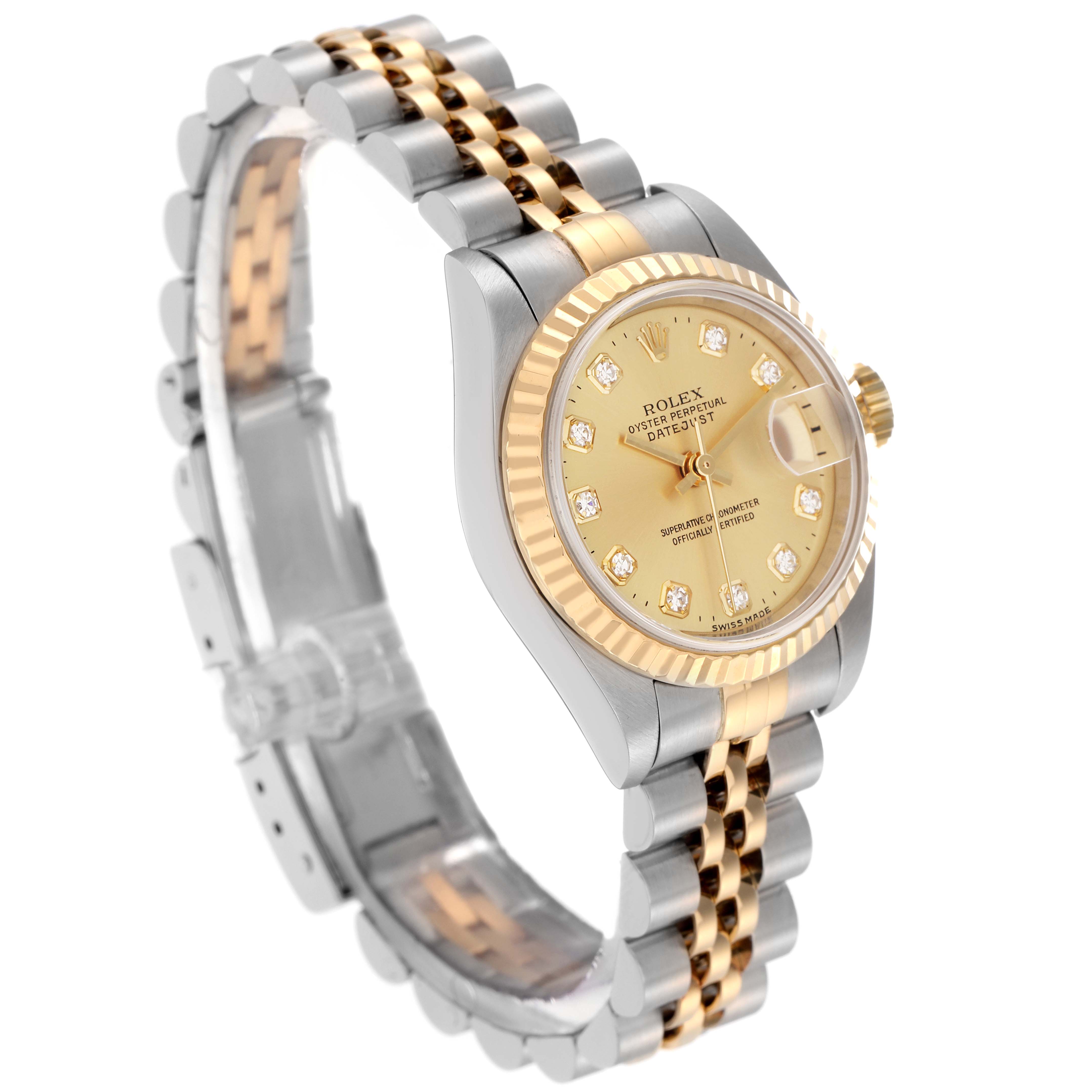 The Rolex Datejust model 79173 is displayed at a three-quarter angle, showcasing the gold and stainless steel jubilee bracelet, fluted bezel, and champagne dial.