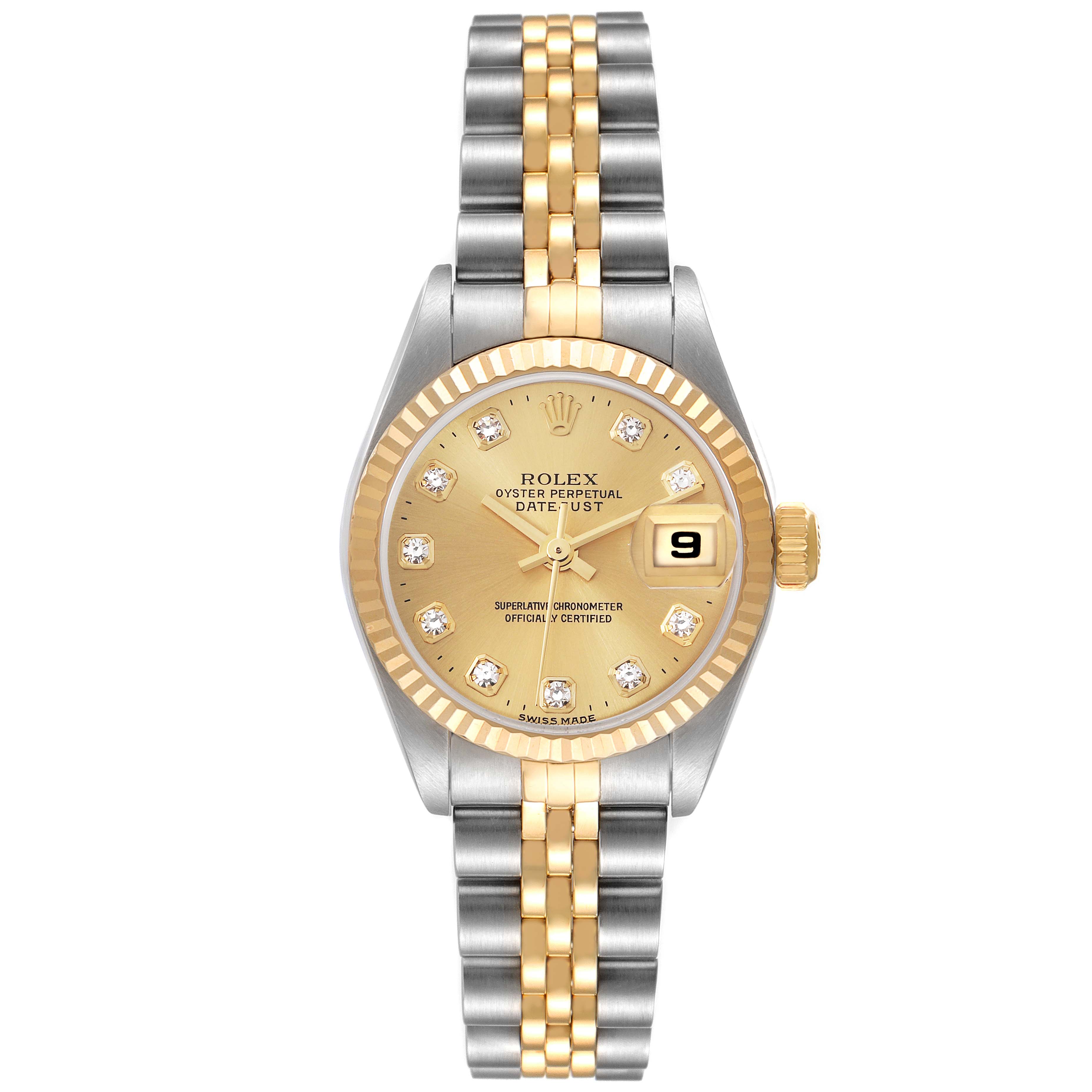 The image shows a Rolex Datejust model 79173 men
s watch, viewed from the front, highlighting the dial, bezel, and bracelet.