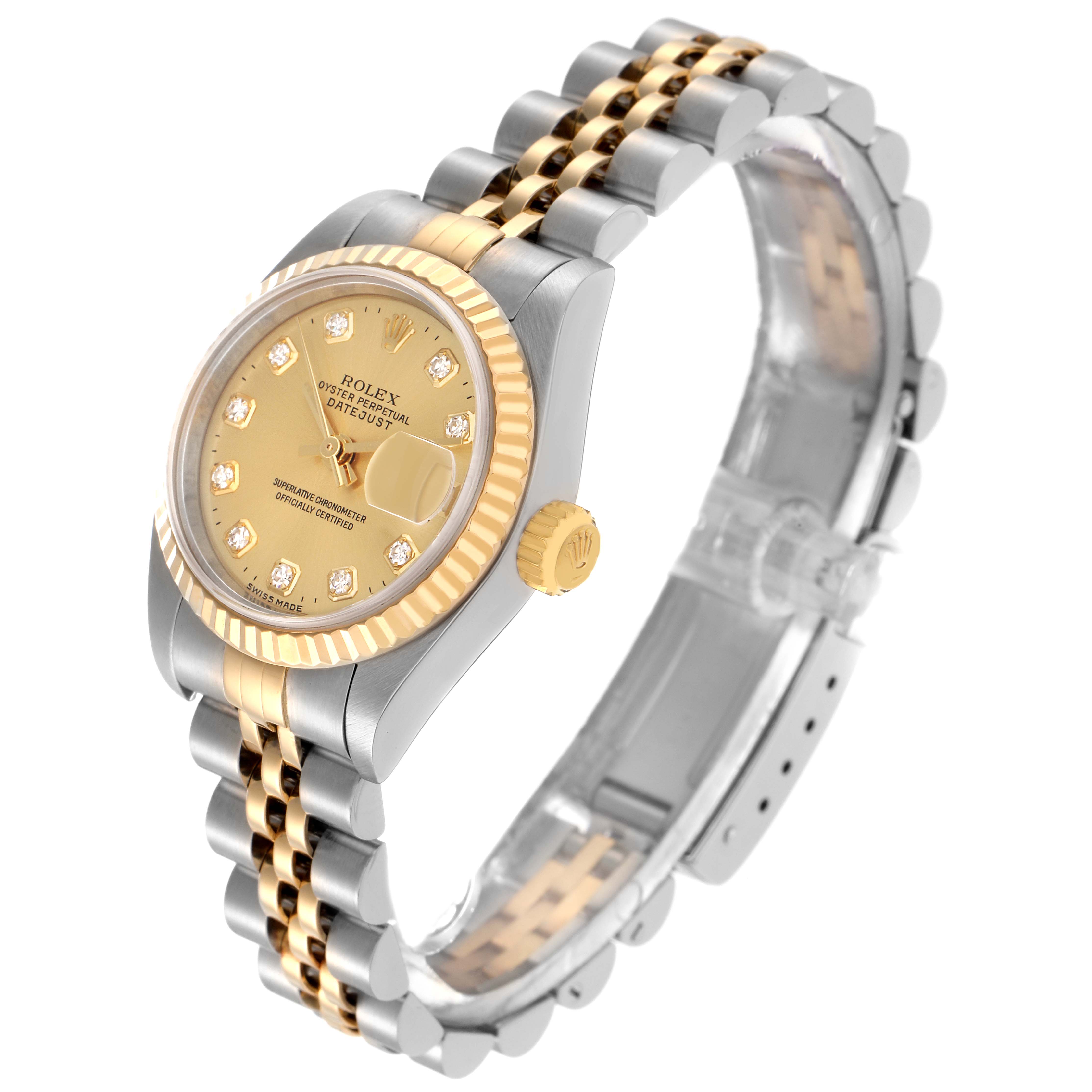 The Rolex Datejust model 79173 is shown at a three-quarter angle, highlighting the bezel, dial, crown, and two-tone bracelet.