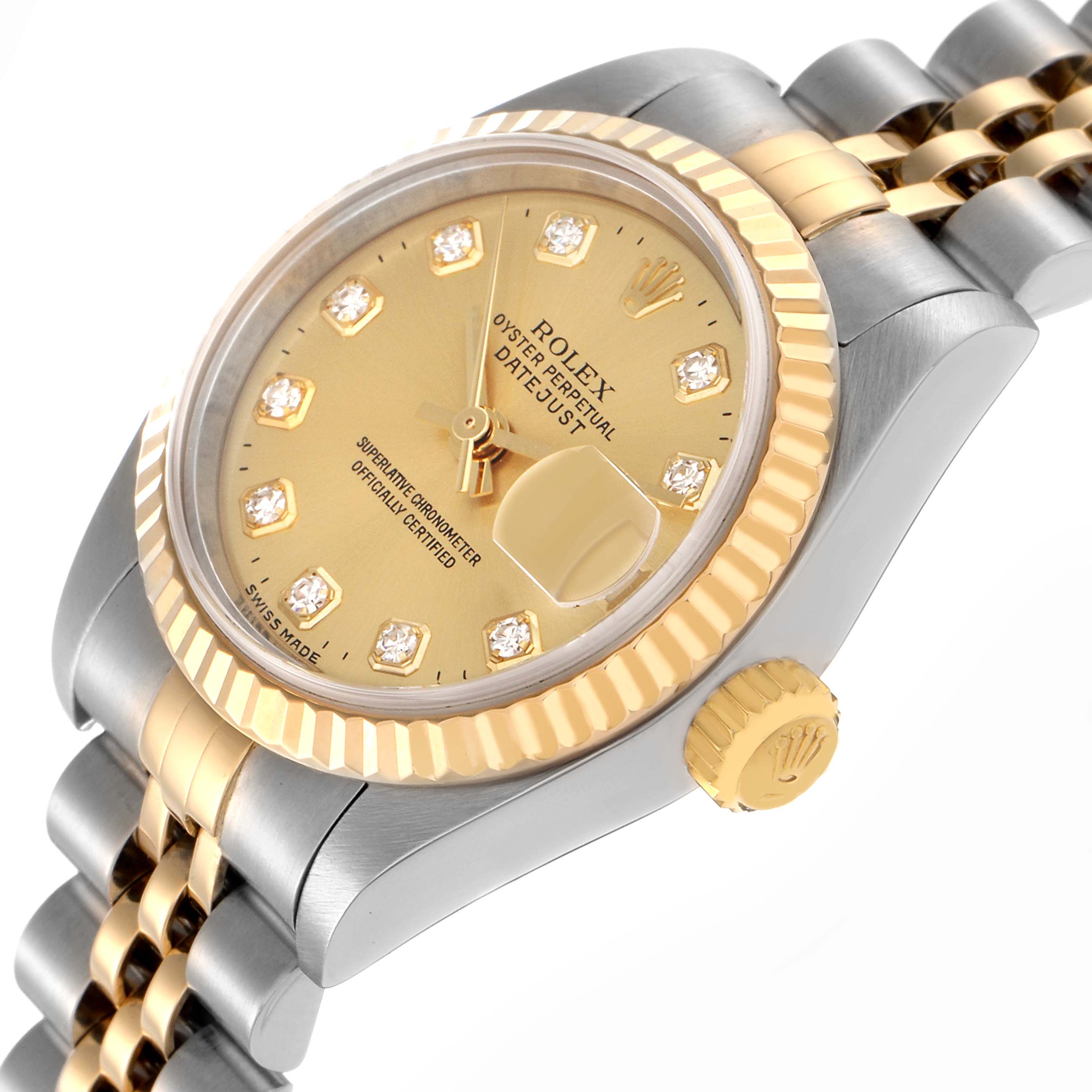 The image shows a Rolex Datejust model 79173 from a side angle, highlighting the bezel, crown, bracelet, and diamond hour markers on the dial.