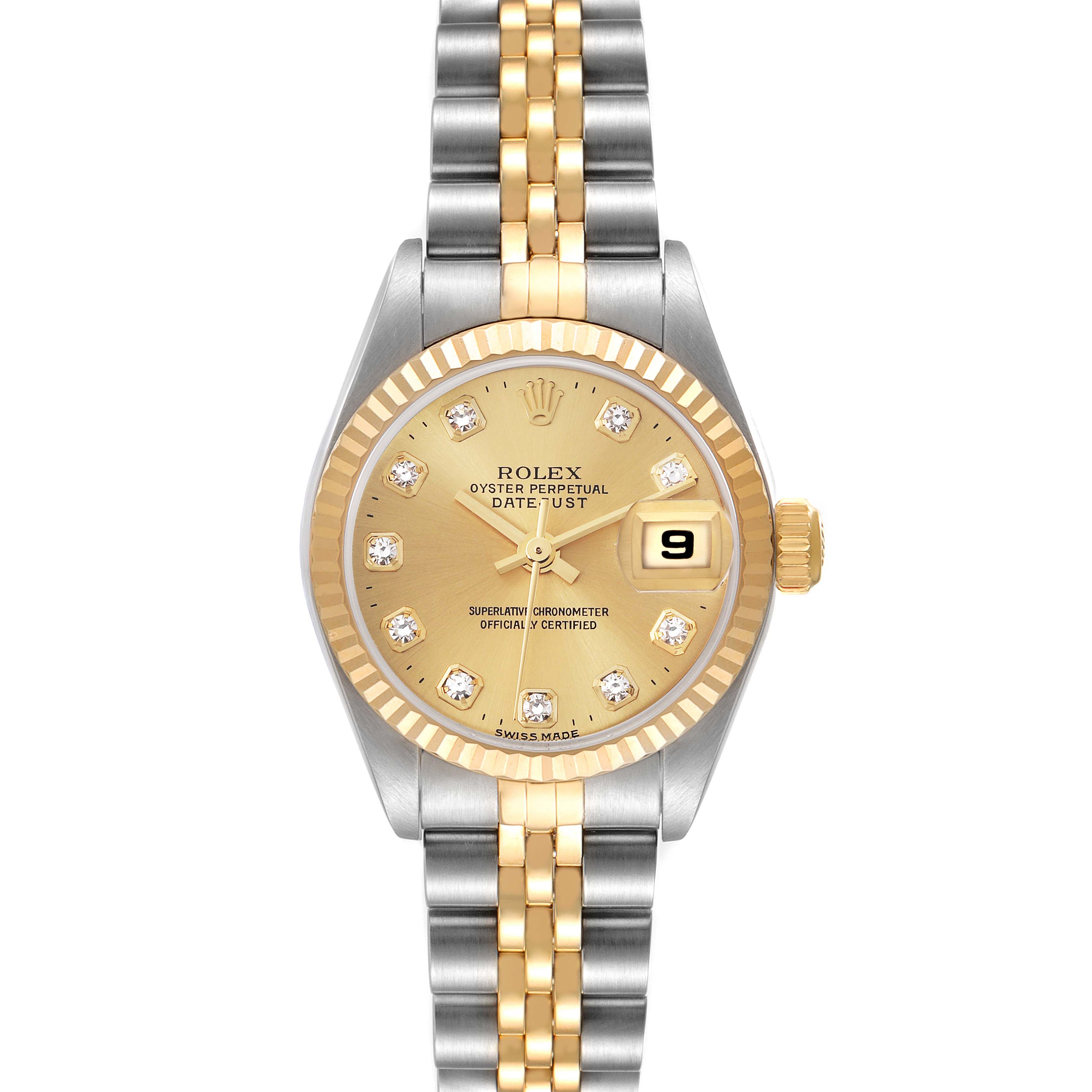 The Rolex Datejust model number 79173 is shown from a top-down angle, highlighting the gold and silver two-tone bracelet, fluted bezel, and champagne dial with diamond markers.
