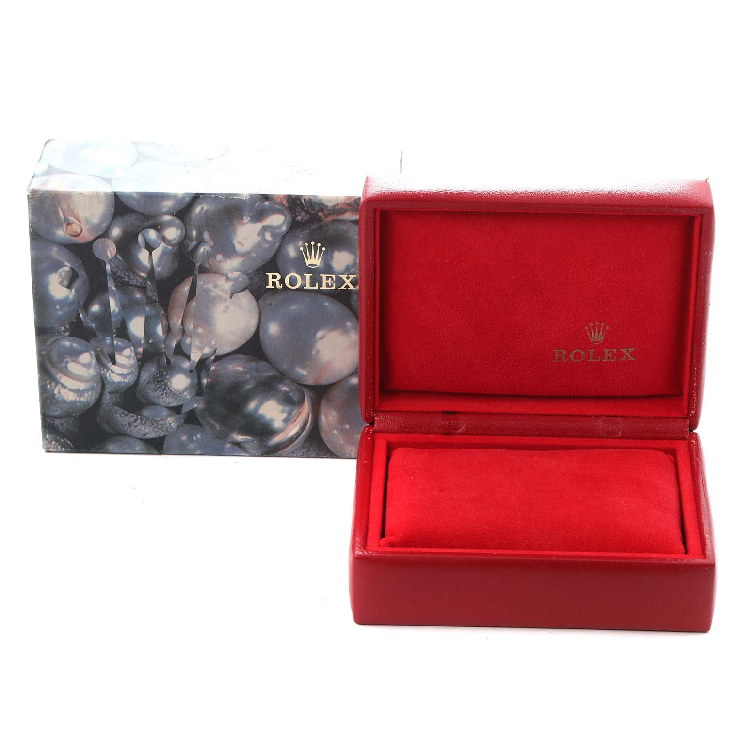 The image shows a Rolex Datejust model 79173 watch box and outer packaging, with the lid open, revealing a red interior.