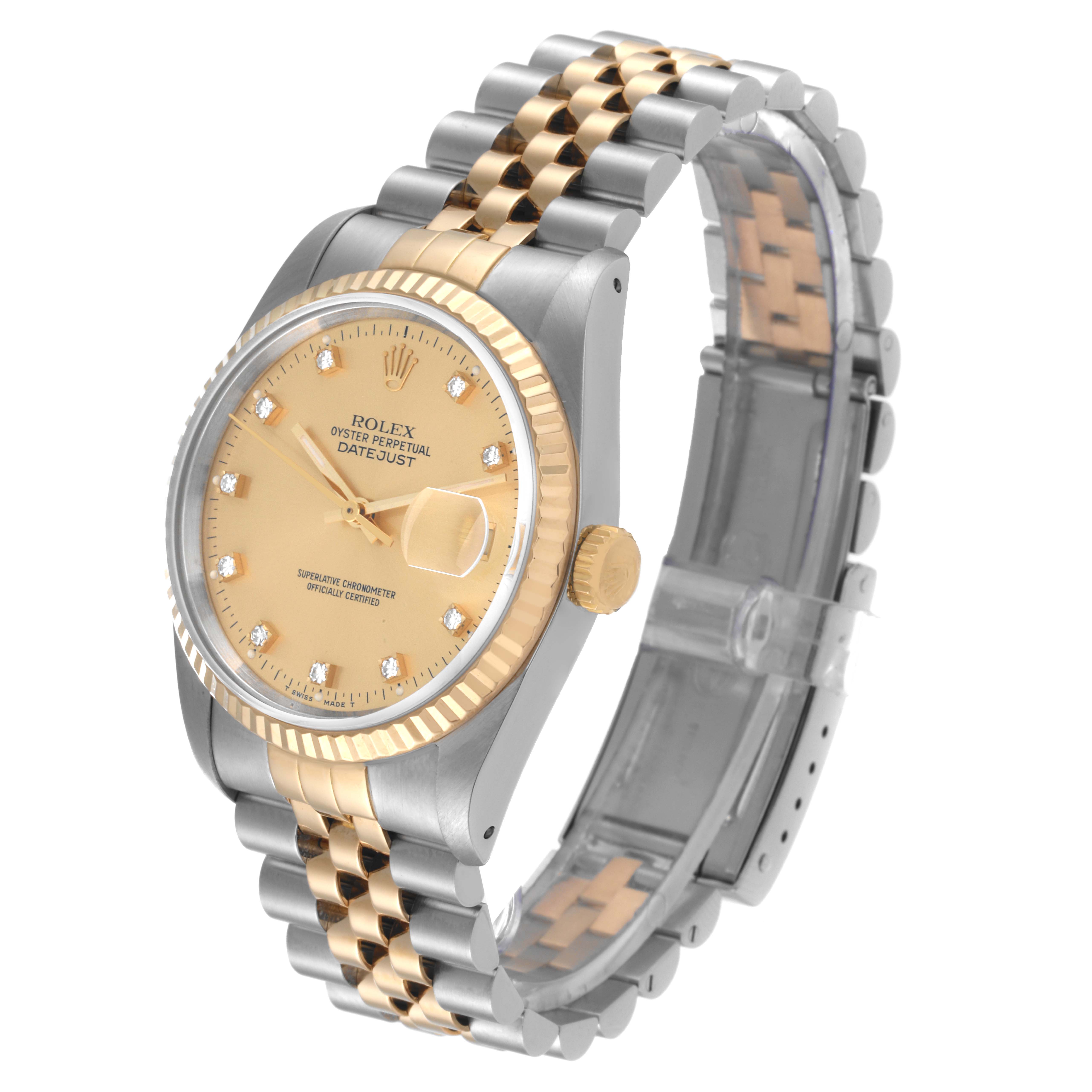 This Rolex Datejust 16233 Men's Steel and Gold (two tone) Champagne Dial 16233 Men's Steel and Gold (two tone) Champagne Dial watch is shown at an angled view, highlighting its dial, bezel, crown, and bracelet.
