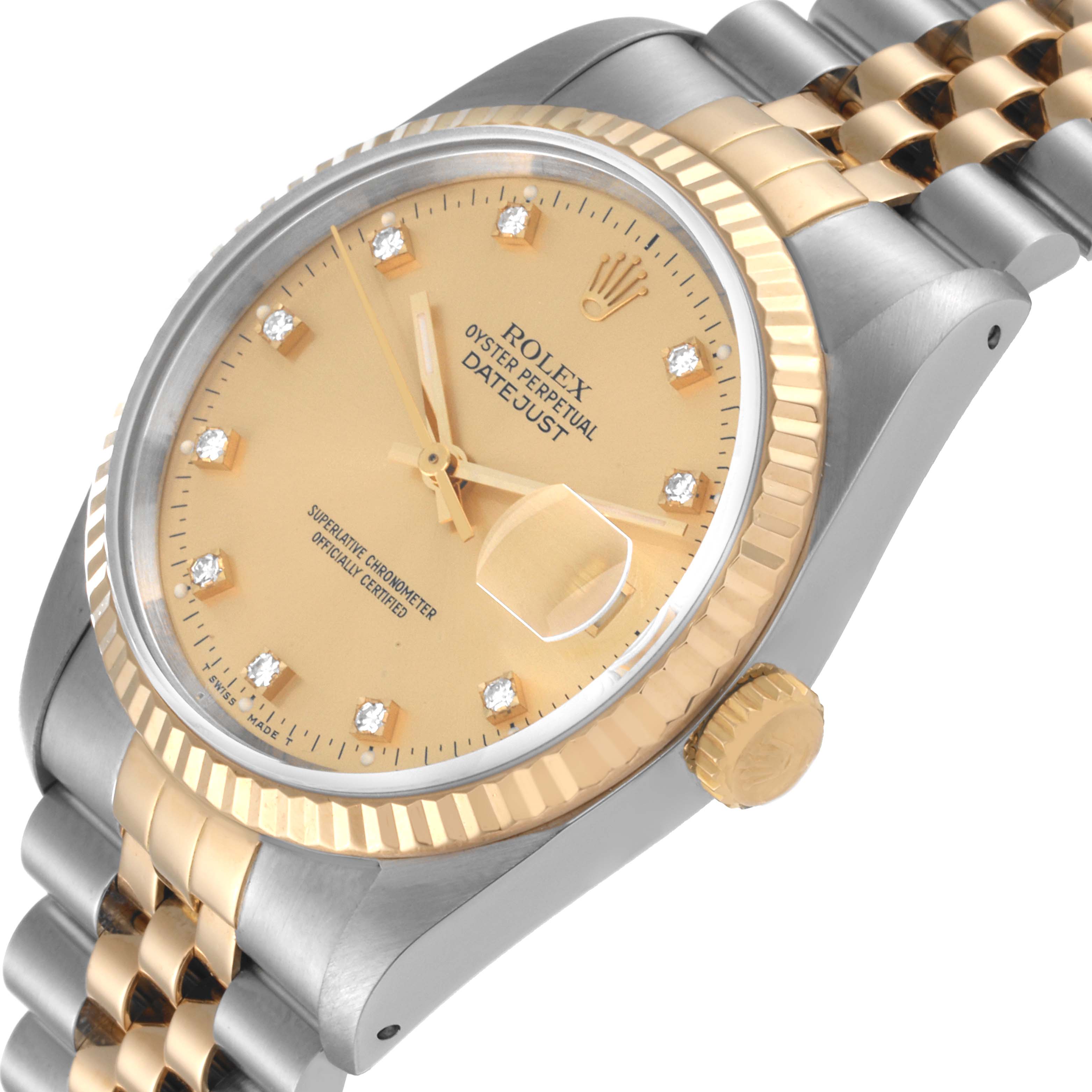 The image shows a side angle of the Rolex Datejust 16233 Men's Steel and Gold (two tone) Champagne Dial 16233 Men's Steel and Gold (two tone) Champagne Dial watch, highlighting the face, crown, bezel, and part of the bracelet.