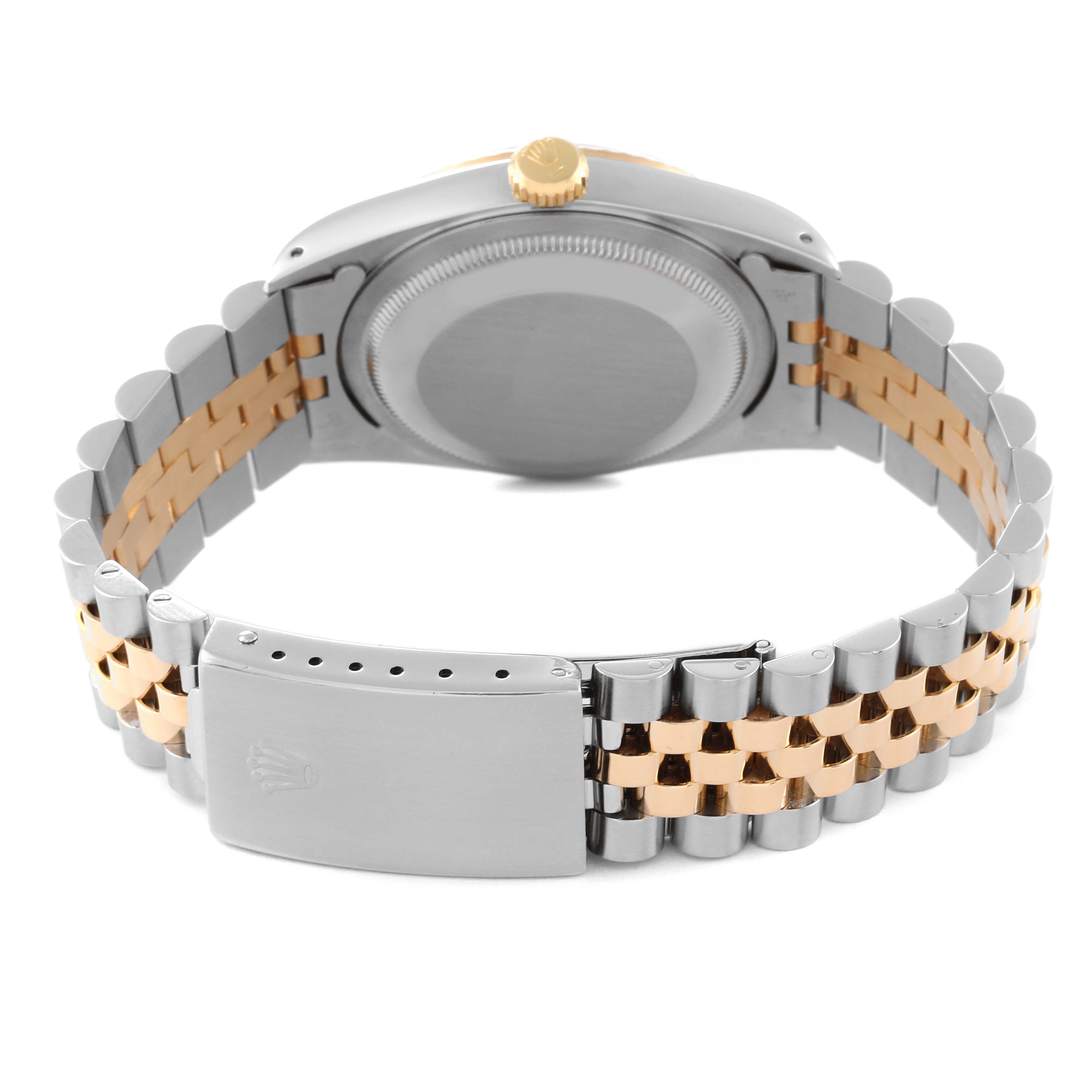 This Rolex Datejust 16233 Men's Steel and Gold (two tone) Champagne Dial 16233 Men's Steel and Gold (two tone) Champagne Dial watch is shown from the back, highlighting the case, crown, and two-tone bracelet with the clasp.