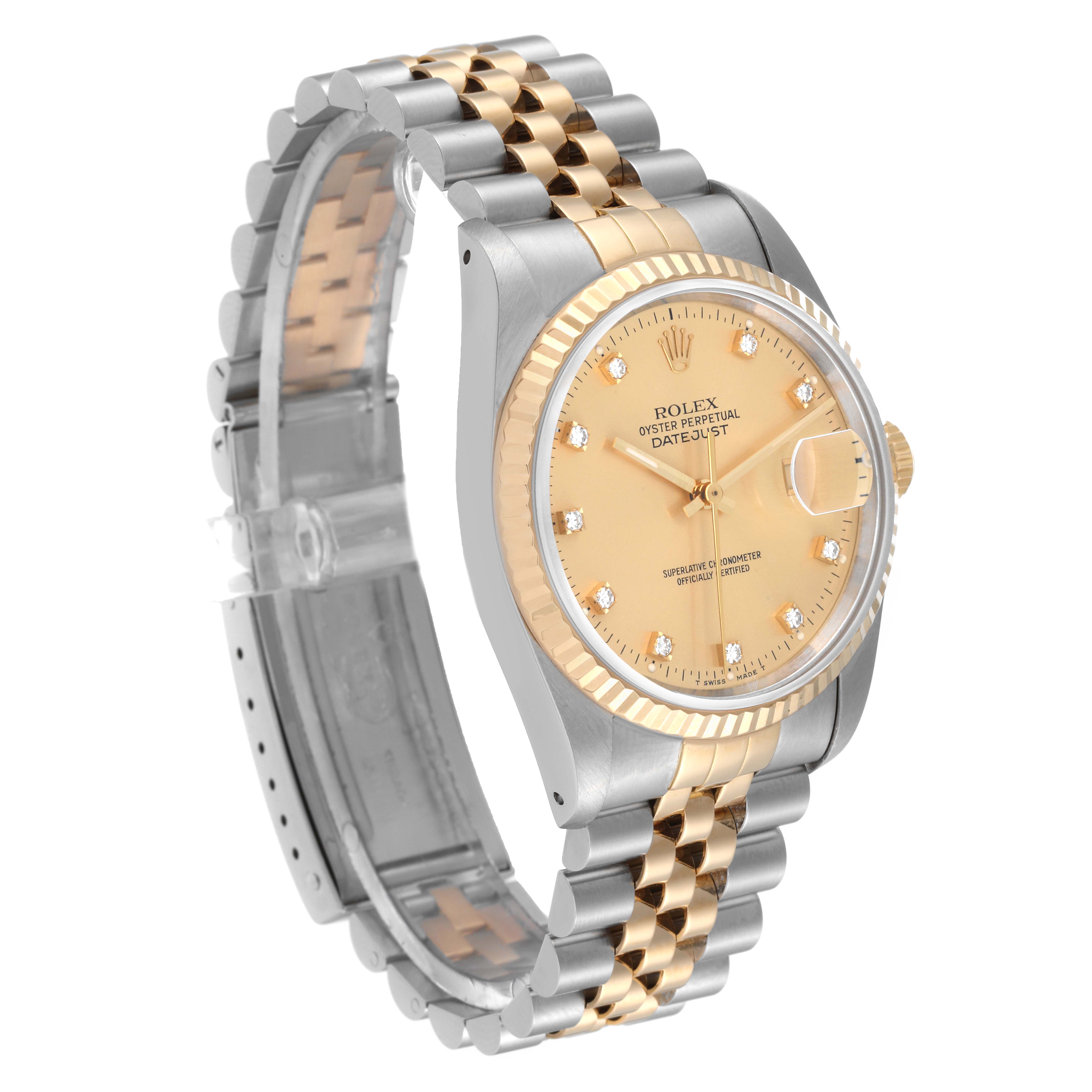 The image shows a side-angle view of a Rolex Datejust 16233 Men's Steel and Gold (two tone) Champagne Dial 16233 Men's Steel and Gold (two tone) Champagne Dial, highlighting the bezel, dial, crown, and bracelet.