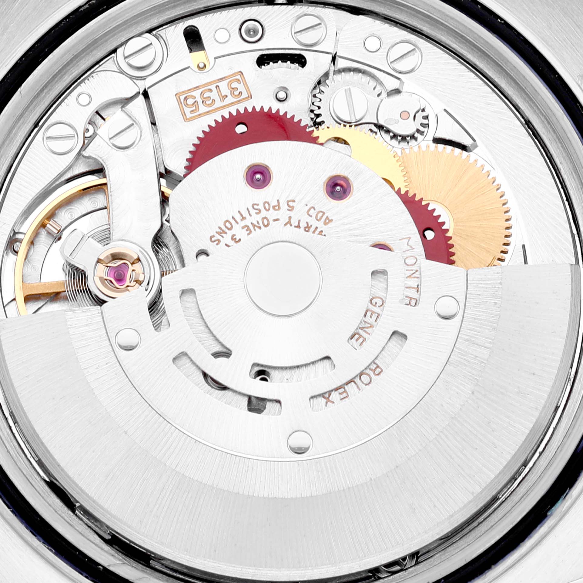 This image shows the movement and internal mechanism of a Rolex Datejust 16233 Men's Steel and Gold (two tone) Champagne Dial 16233 Men's Steel and Gold (two tone) Champagne Dial watch from the back angle.