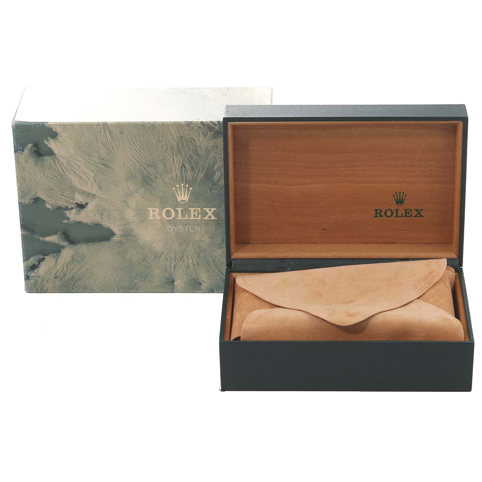 The image shows the packaging of a Rolex Datejust 16233 Men's Steel and Gold (two tone) Champagne Dial 16233 Men's Steel and Gold (two tone) Champagne Dial watch, including an outer box, inner wooden box, and a suede pouch.