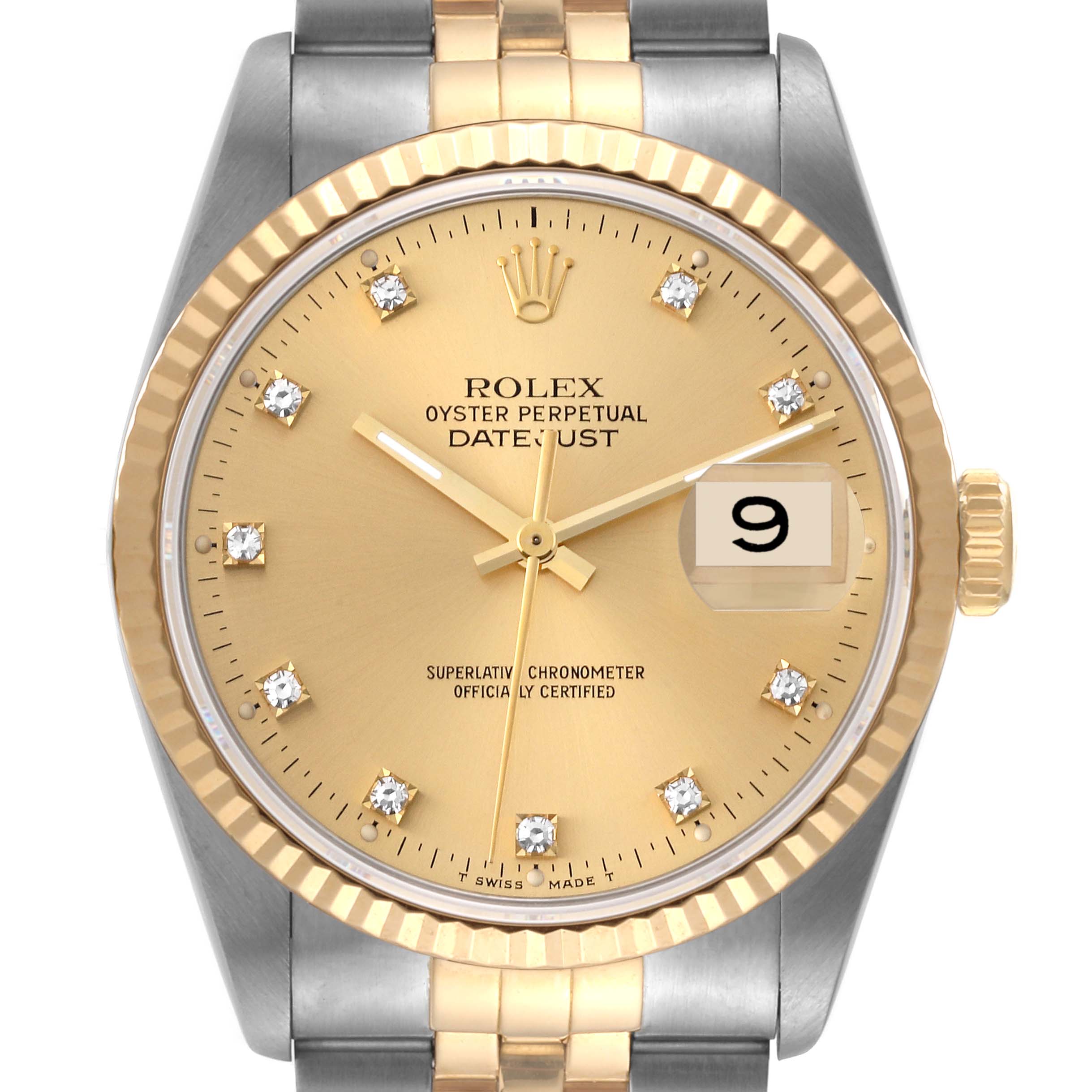 The image shows a front view of the Rolex Datejust 16233 Men's Steel and Gold (two tone) Champagne Dial 16233 Men's Steel and Gold (two tone) Champagne Dial watch, highlighting its gold dial, date window, and two-tone bracelet.