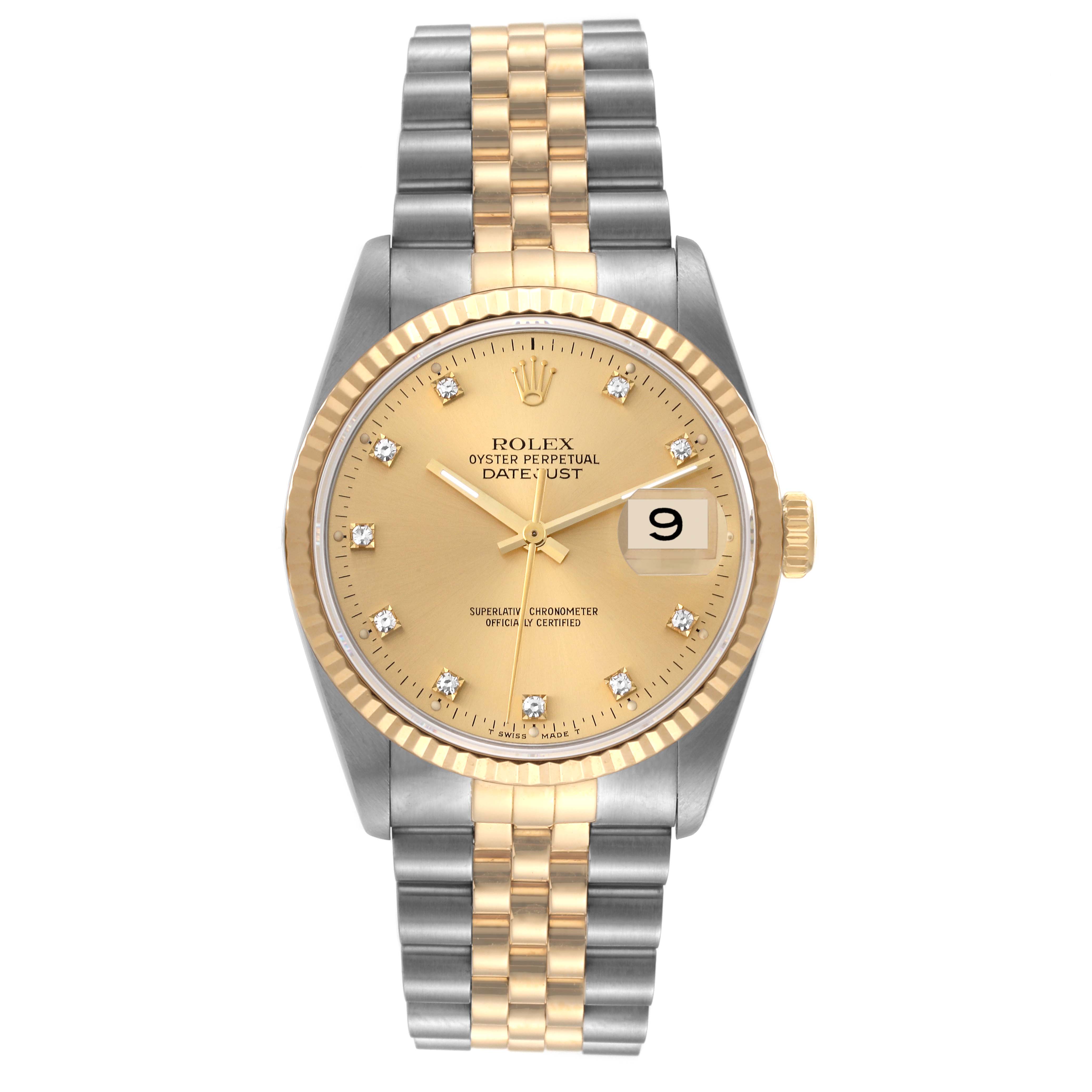 This image shows a frontal view of the Rolex Datejust 16233 Men's Steel and Gold (two tone) Champagne Dial 16233 Men's Steel and Gold (two tone) Champagne Dial watch, displaying its dial, hands, bezel, and bracelet.