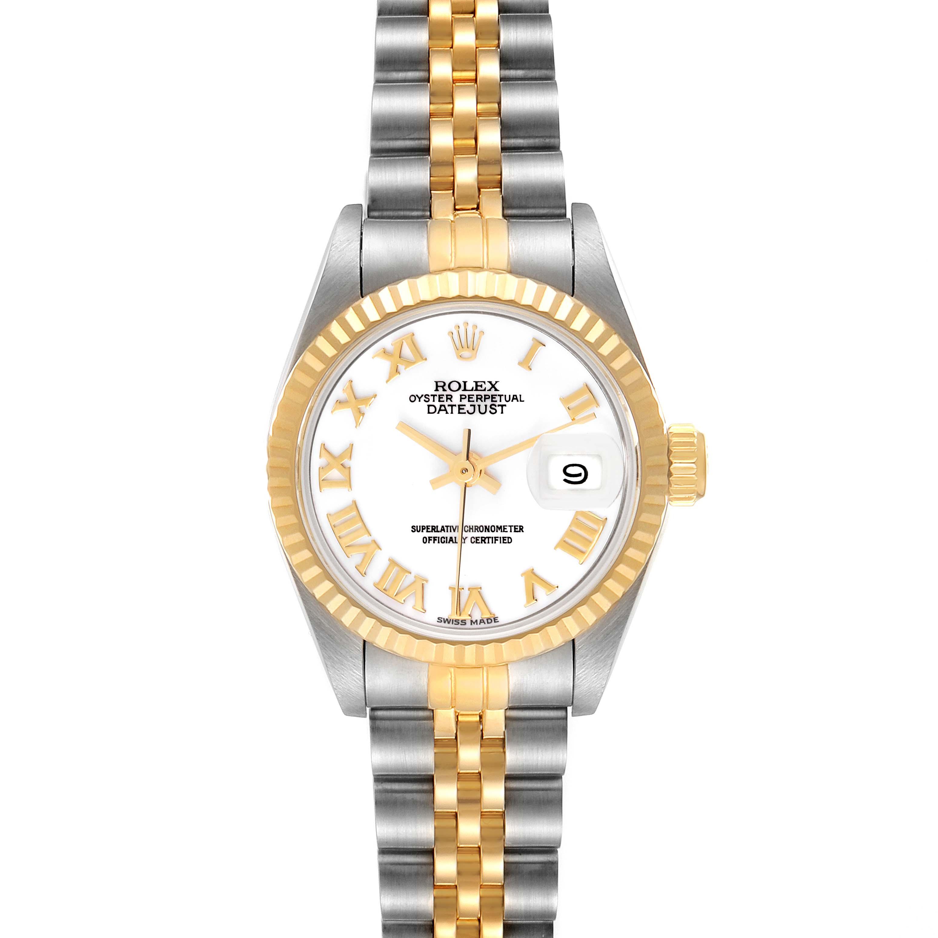 The image shows a front view of a Rolex Datejust 69173 Women
s Steel and Gold (two tone) White Dial 69173 Women
s Steel and Gold (two tone) White Dial watch with a white dial and two-tone metal bracelet.
