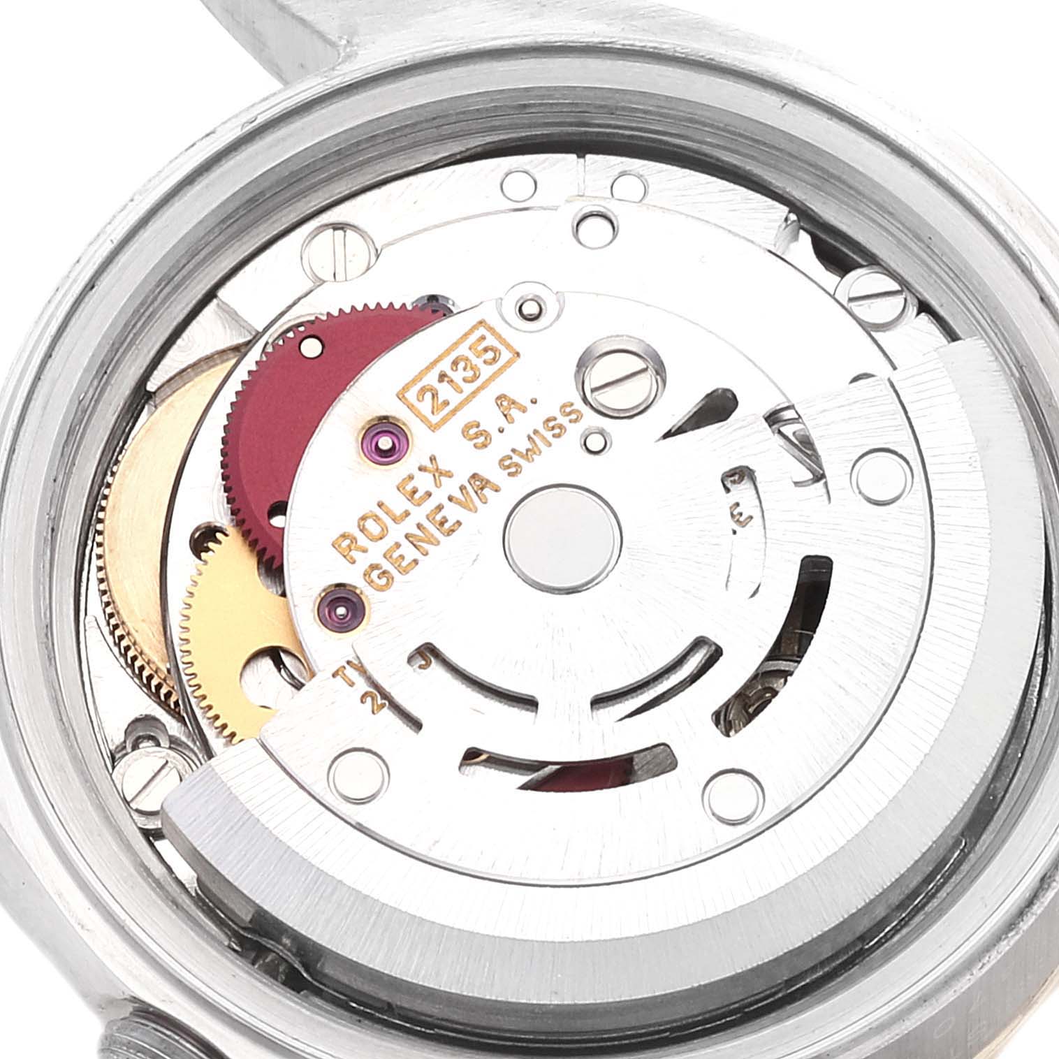 This image shows the movement mechanism of a Rolex Datejust 69173 Women
s Steel and Gold (two tone) White Dial 69173 Women
s Steel and Gold (two tone) White Dial watch from a top-down angle.