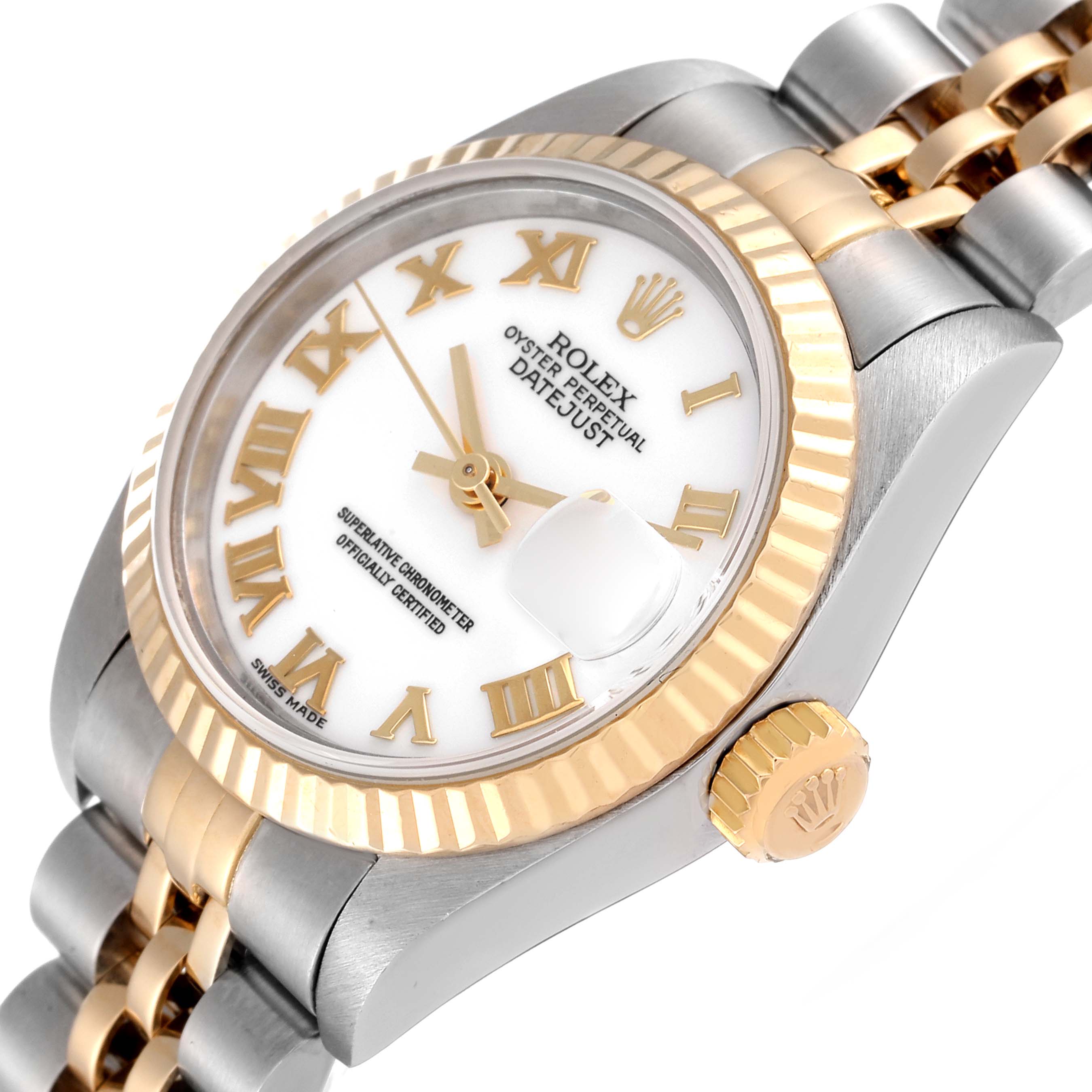 The image shows a close-up, angled view of a Rolex Datejust 69173 Women
s Steel and Gold (two tone) White Dial 69173 Women
s Steel and Gold (two tone) White Dial watch, highlighting the dial, bezel, crown, and bracelet.