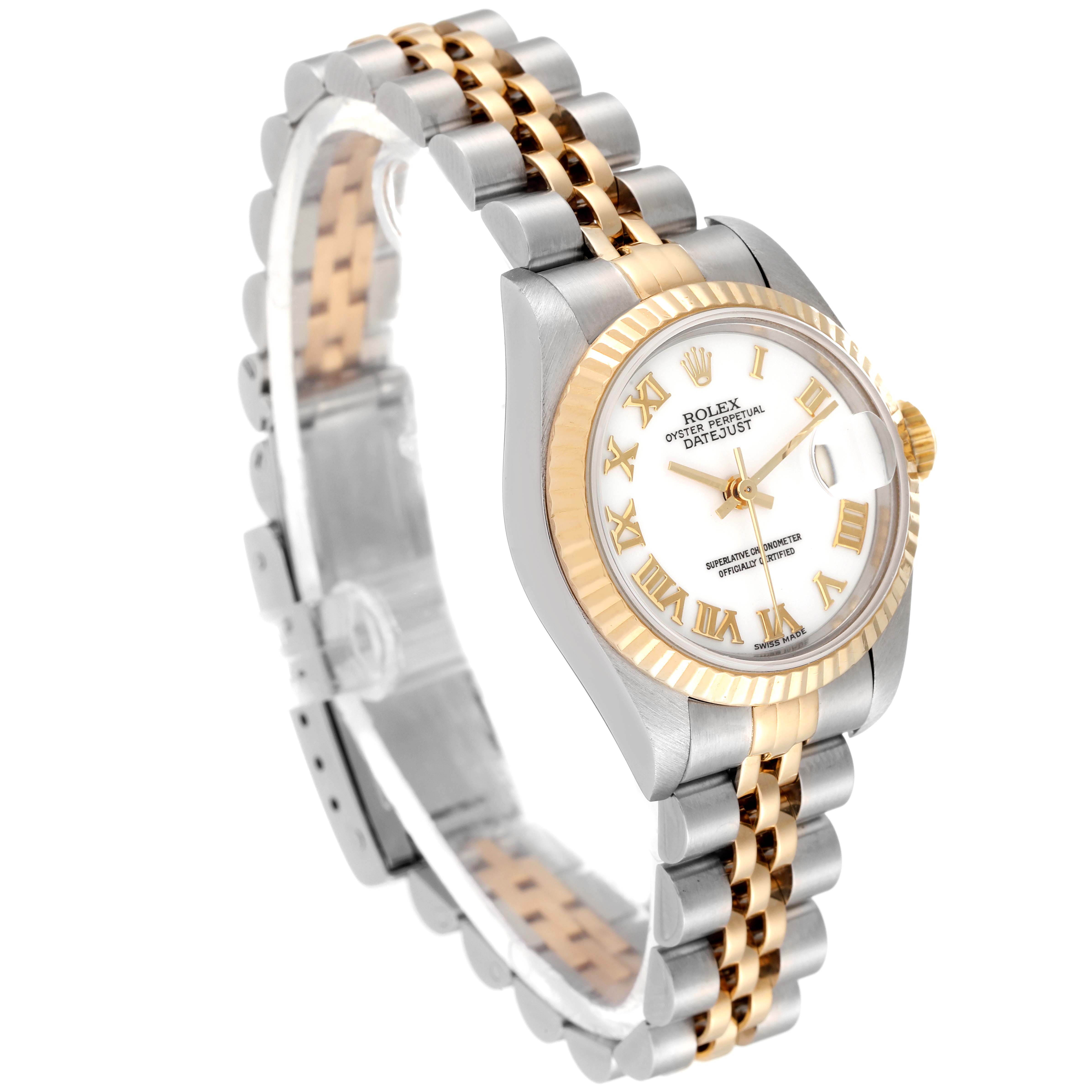 The Rolex Datejust 69173 Women
s Steel and Gold (two tone) White Dial 69173 Women
s Steel and Gold (two tone) White Dial watch is shown at an angle highlighting the dial, bezel, crown, and bracelet.