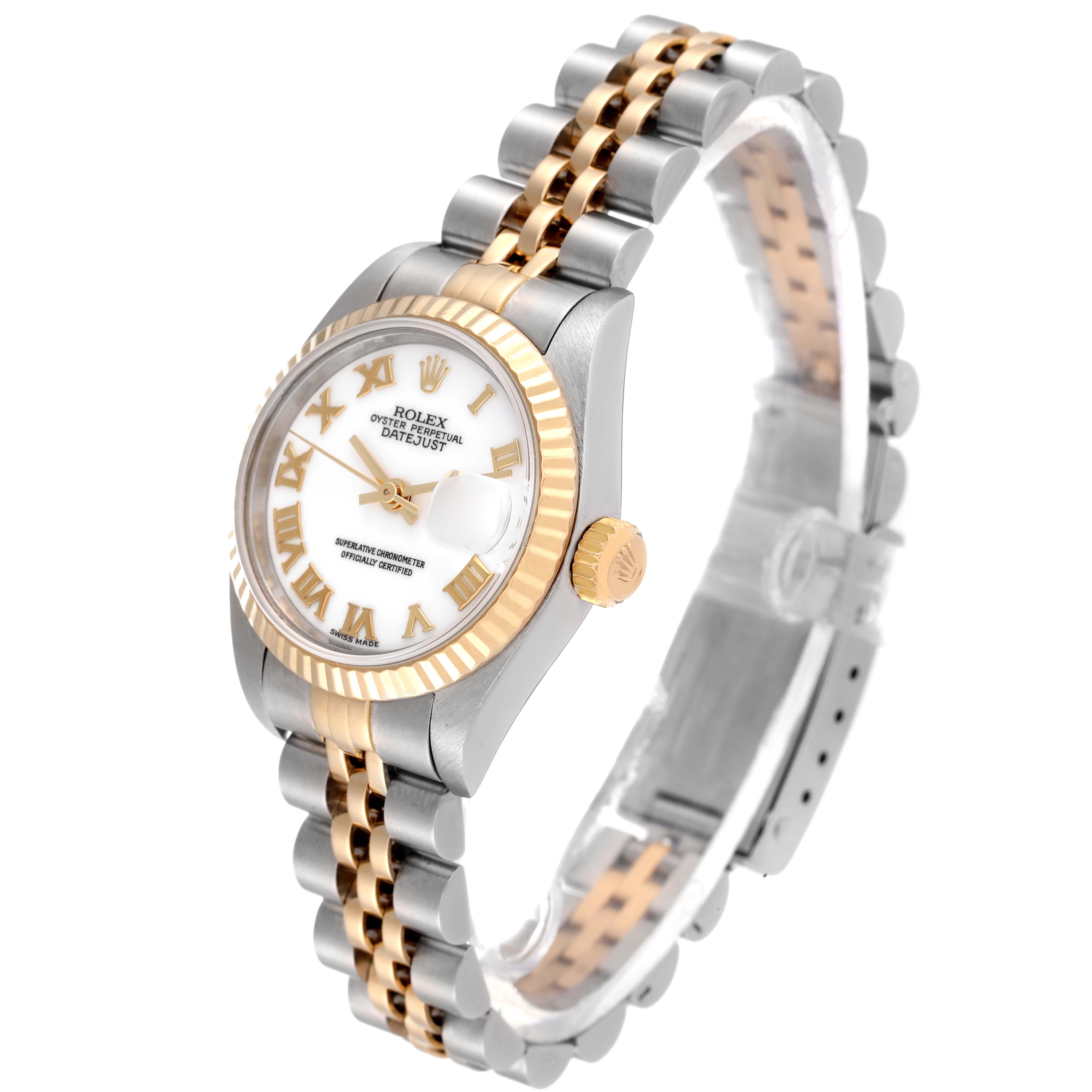 This image shows a Rolex Datejust 69173 Women
s Steel and Gold (two tone) White Dial 69173 Women
s Steel and Gold (two tone) White Dial watch at an angled side view, highlighting its two-tone bracelet, fluted bezel, and dial features.