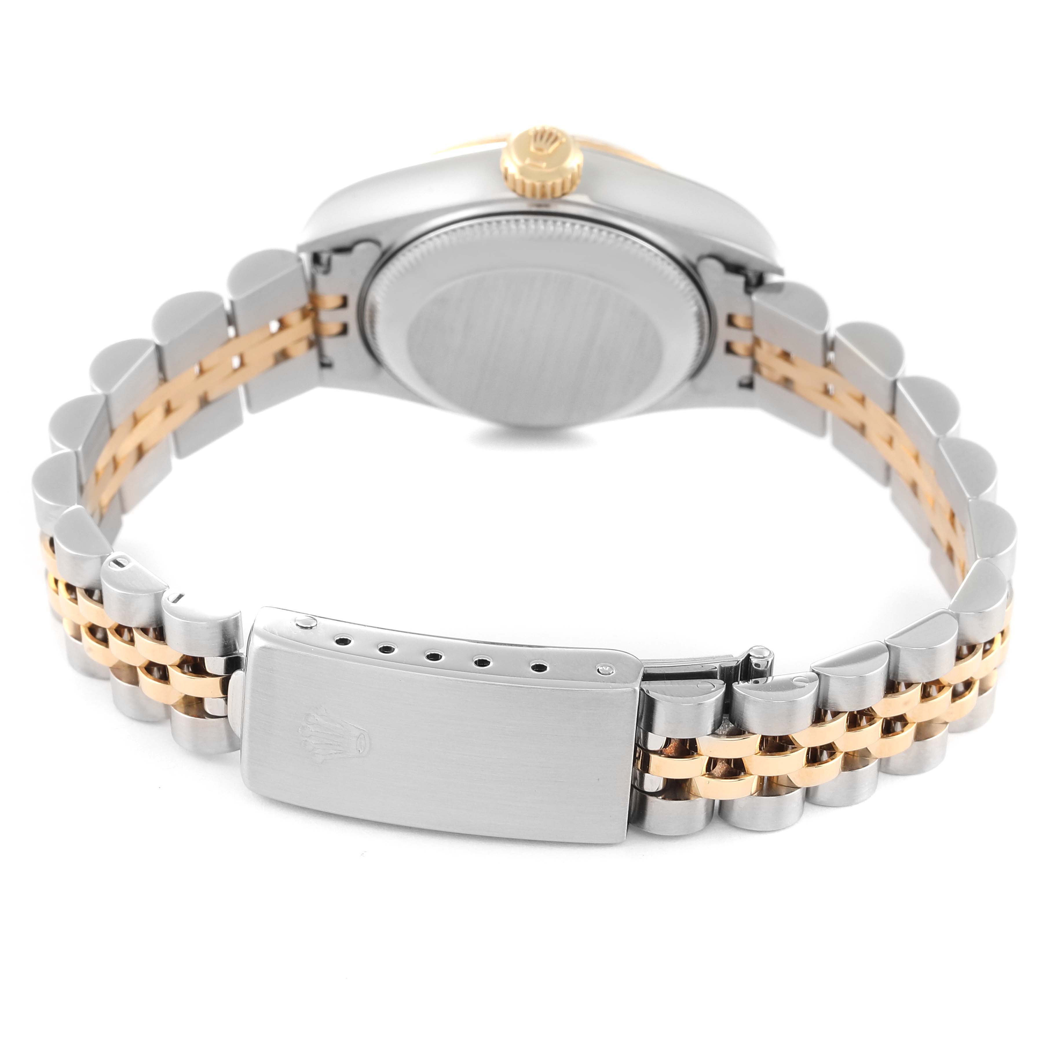 The image shows the back view of a Rolex Datejust 69173 Women
s Steel and Gold (two tone) White Dial 69173 Women
s Steel and Gold (two tone) White Dial watch with its case back, crown, and two-tone bracelet visible.