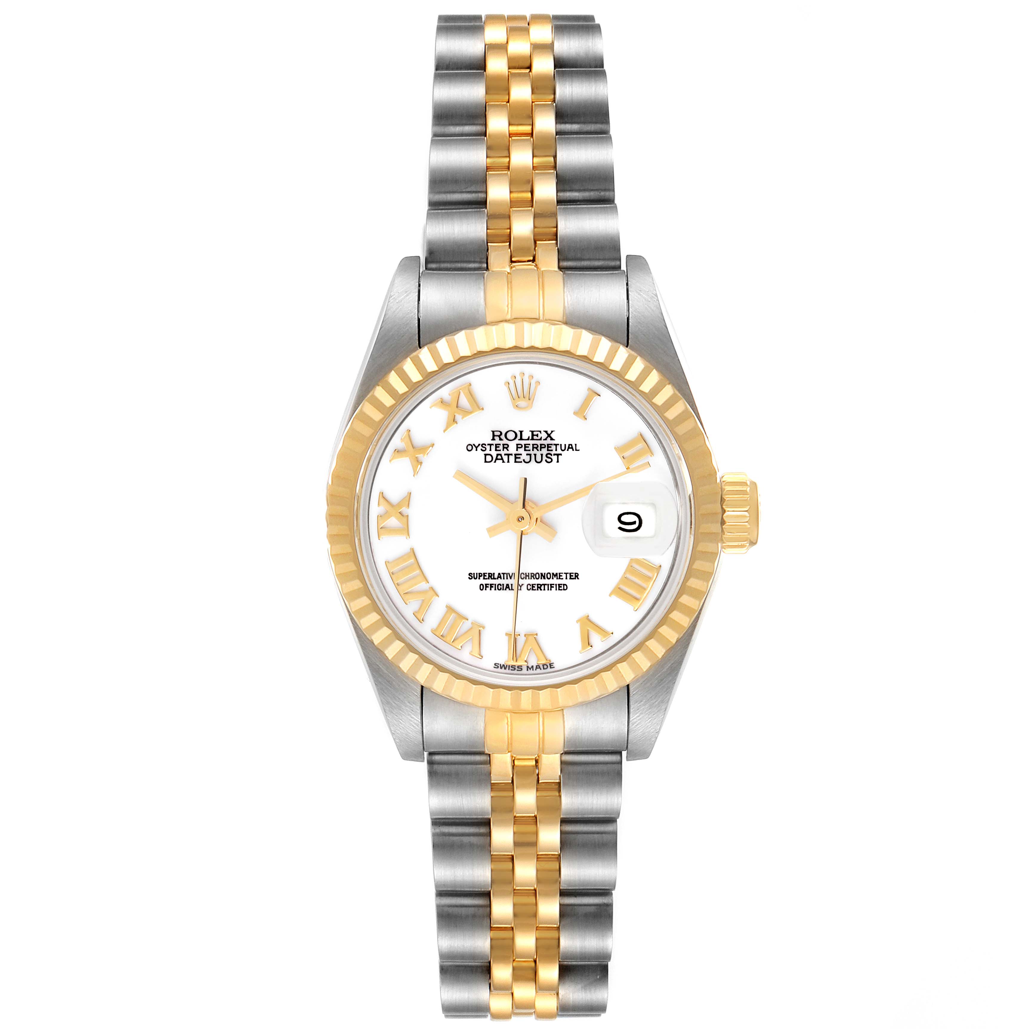 The image shows a front view of a Rolex Datejust 69173 Women
s Steel and Gold (two tone) White Dial 69173 Women
s Steel and Gold (two tone) White Dial watch, featuring a two-tone metal band and a white dial with gold Roman numerals and hands.
