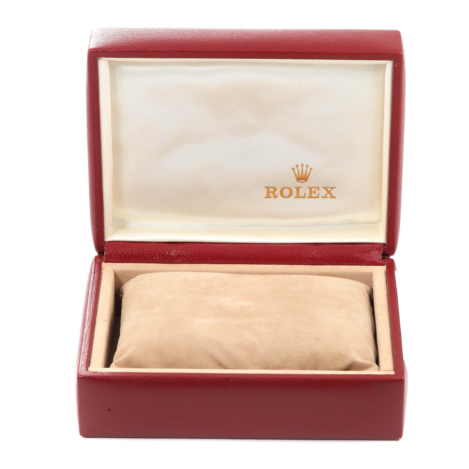 This image shows a red Rolex Datejust 69173 Women
s Steel and Gold (two tone) White Dial 69173 Women
s Steel and Gold (two tone) White Dial watch box, open with a cushion inside, viewed from the front.