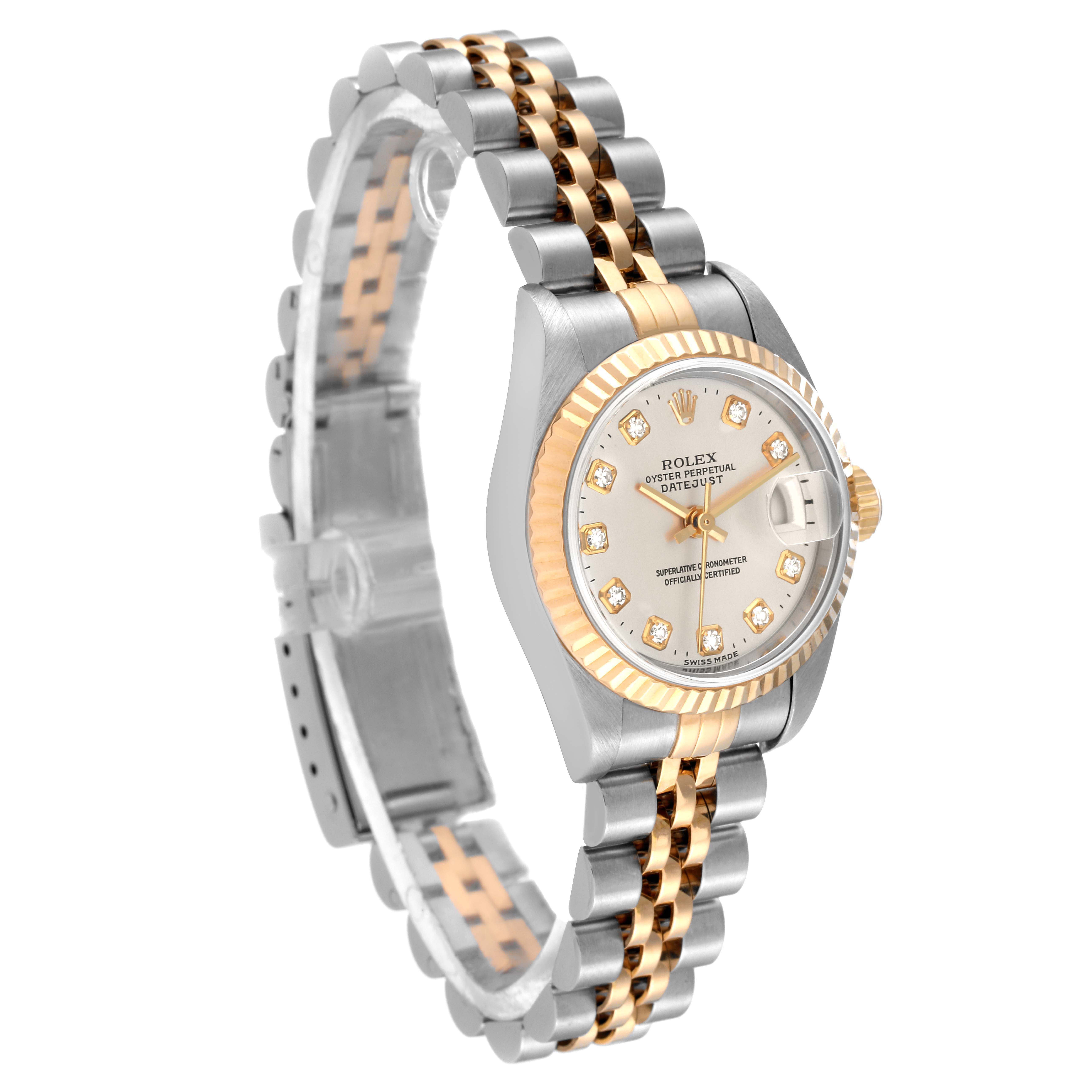 This image shows a Rolex Datejust 79173 Women
s Steel and Gold (two tone) Silver Dial 79173 Women
s Steel and Gold (two tone) Silver Dial watch at a slight angled view, displaying its two-tone bracelet, fluted bezel, and diamond hour markers.