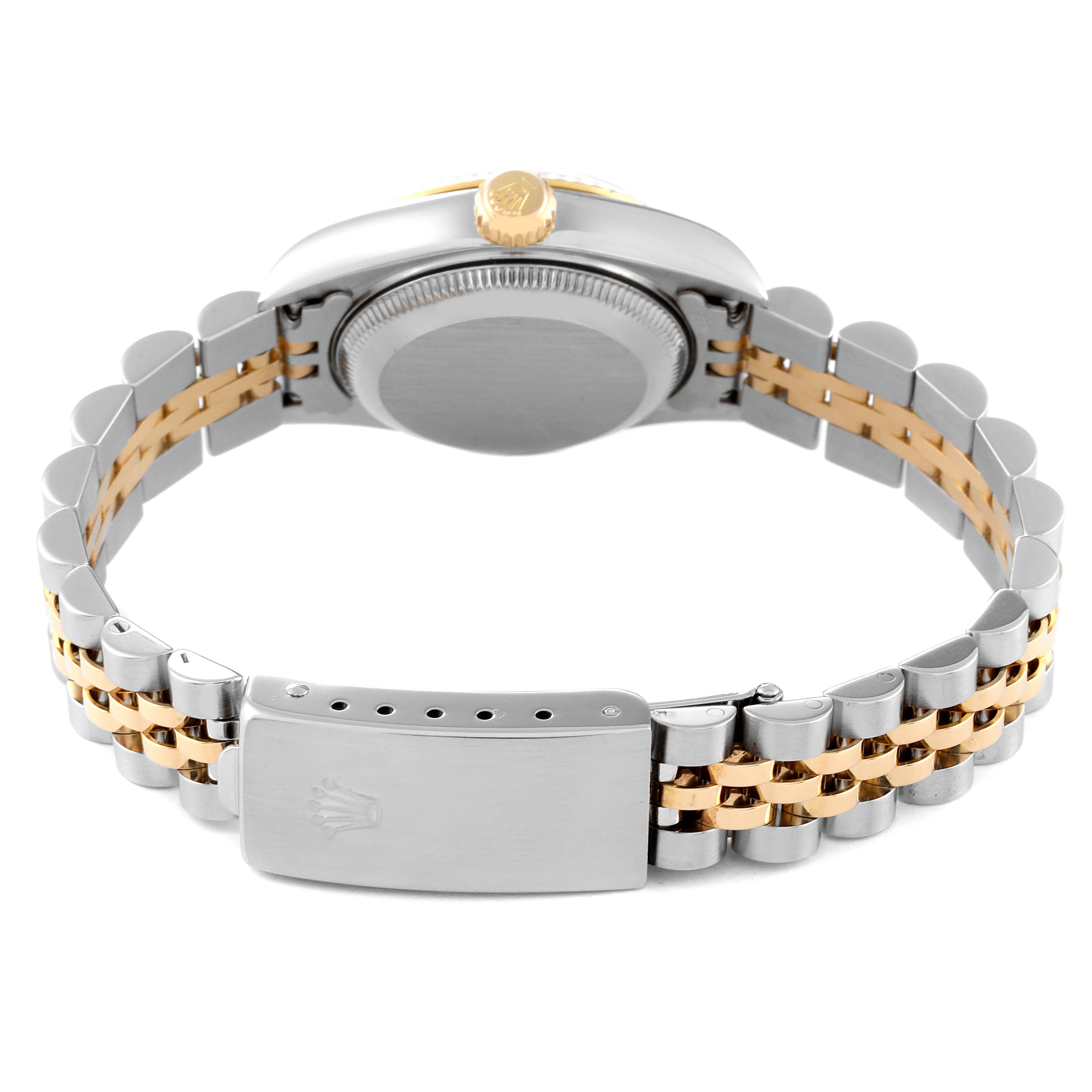 The image shows the clasp, crown, case back, and two-tone bracelet of the Rolex Datejust 79173 Women
s Steel and Gold (two tone) Silver Dial 79173 Women
s Steel and Gold (two tone) Silver Dial watch from a rear angle.