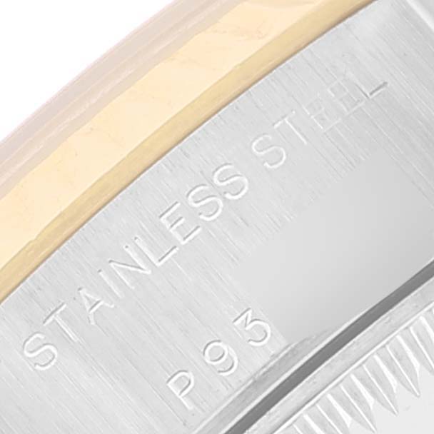 This close-up image shows the side engraving of a Rolex Datejust 79173 Women
s Steel and Gold (two tone) Silver Dial 79173 Women
s Steel and Gold (two tone) Silver Dial watch, highlighting the stainless steel material.