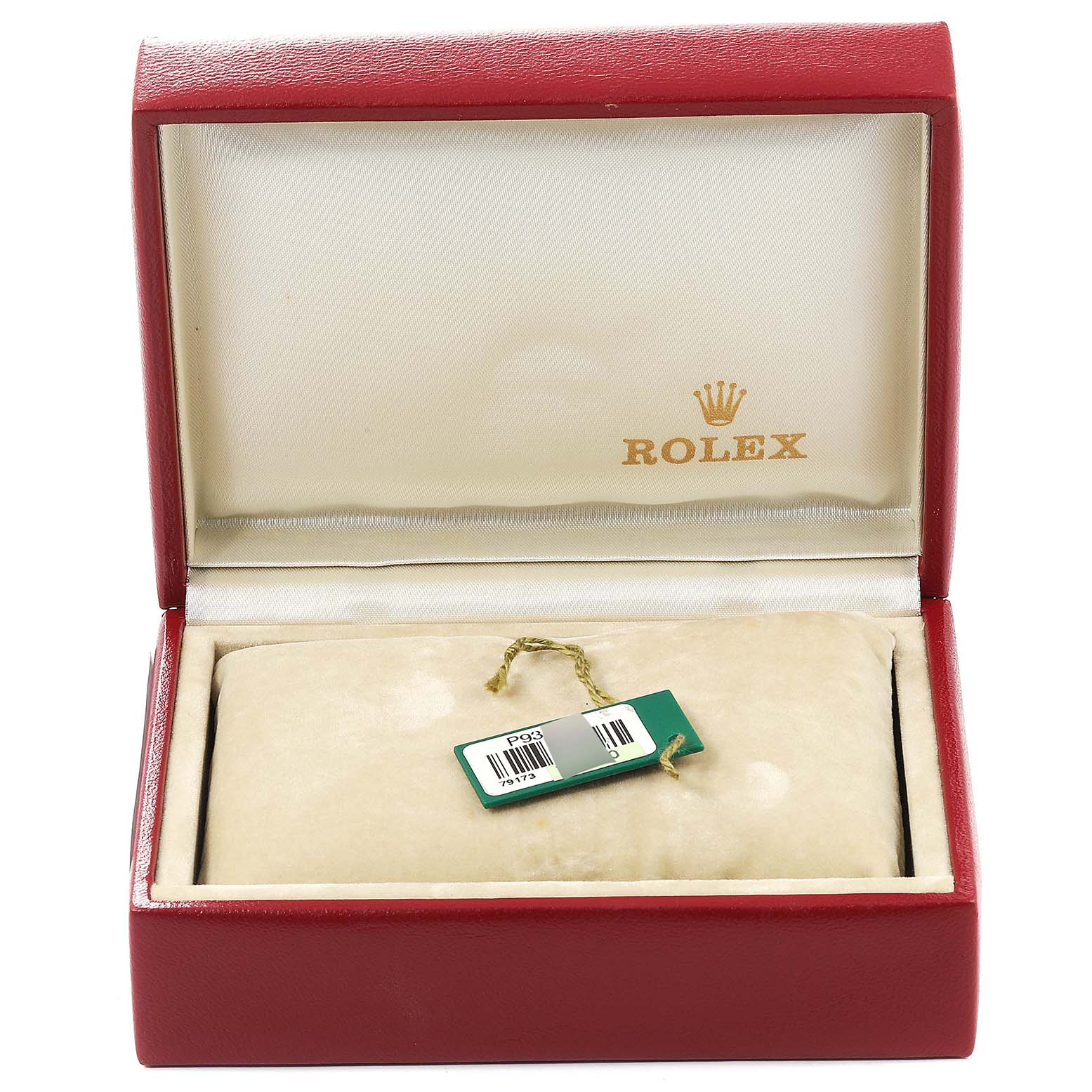The image shows a red Rolex box with a tag, labeled for the Datejust model, without the watch visible.