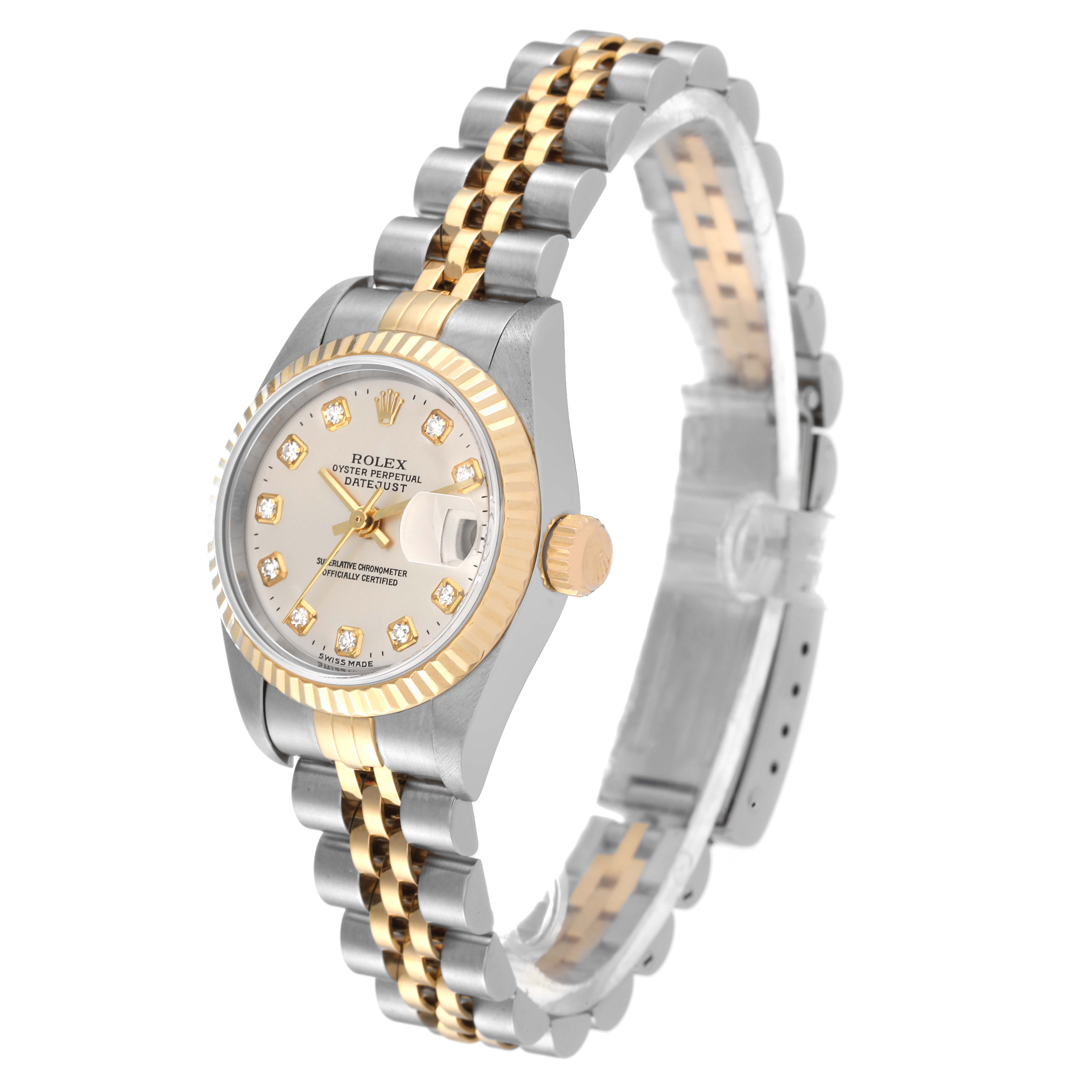 The image shows a Rolex Datejust 79173 Women
s Steel and Gold (two tone) Silver Dial 79173 Women
s Steel and Gold (two tone) Silver Dial watch at a slight angle, displaying the dial, bezel, crown, and bracelet.