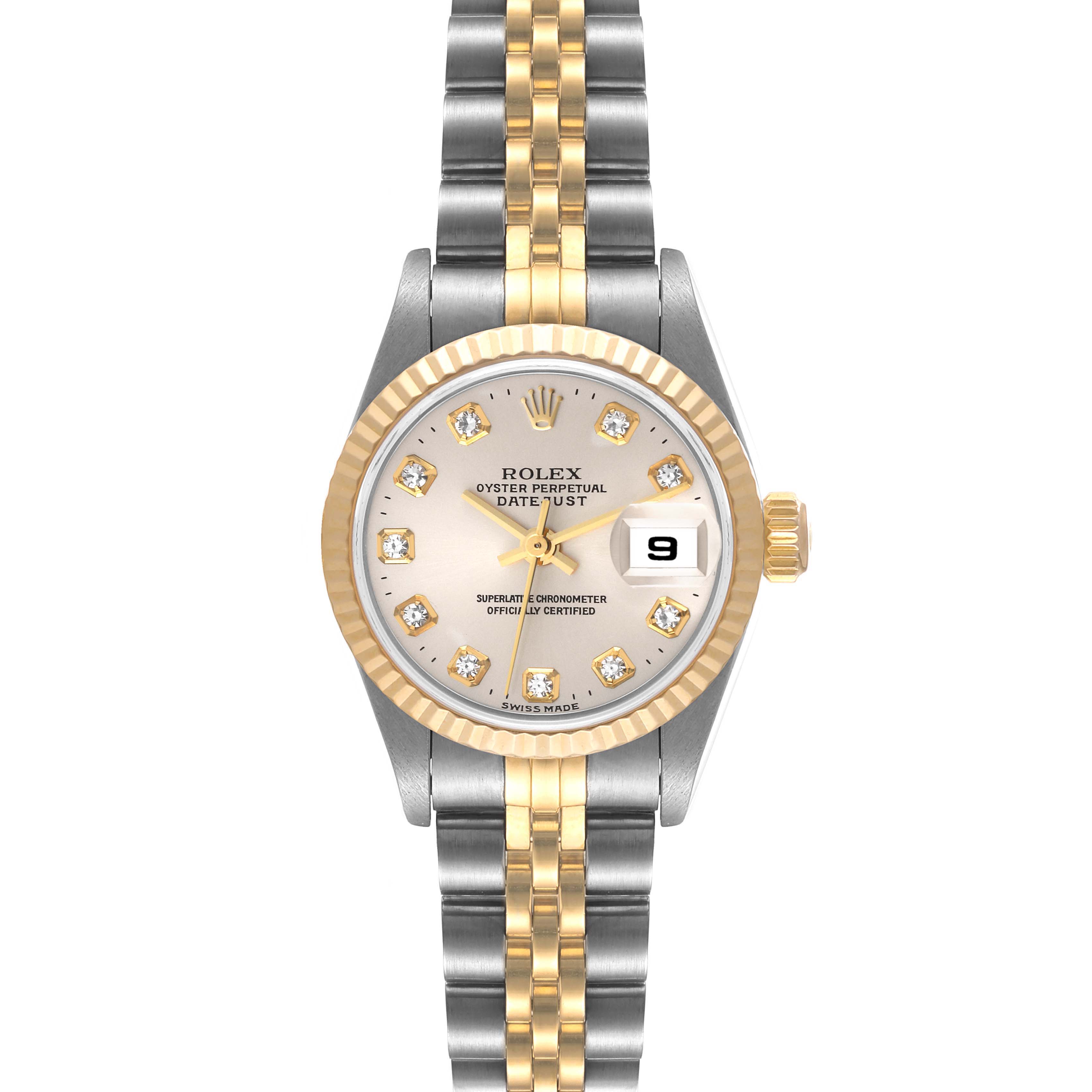 The image shows a Rolex Datejust 79173 Women
s Steel and Gold (two tone) Silver Dial 79173 Women
s Steel and Gold (two tone) Silver Dial watch from a front angle, displaying its dial, bezel, and two-tone bracelet.